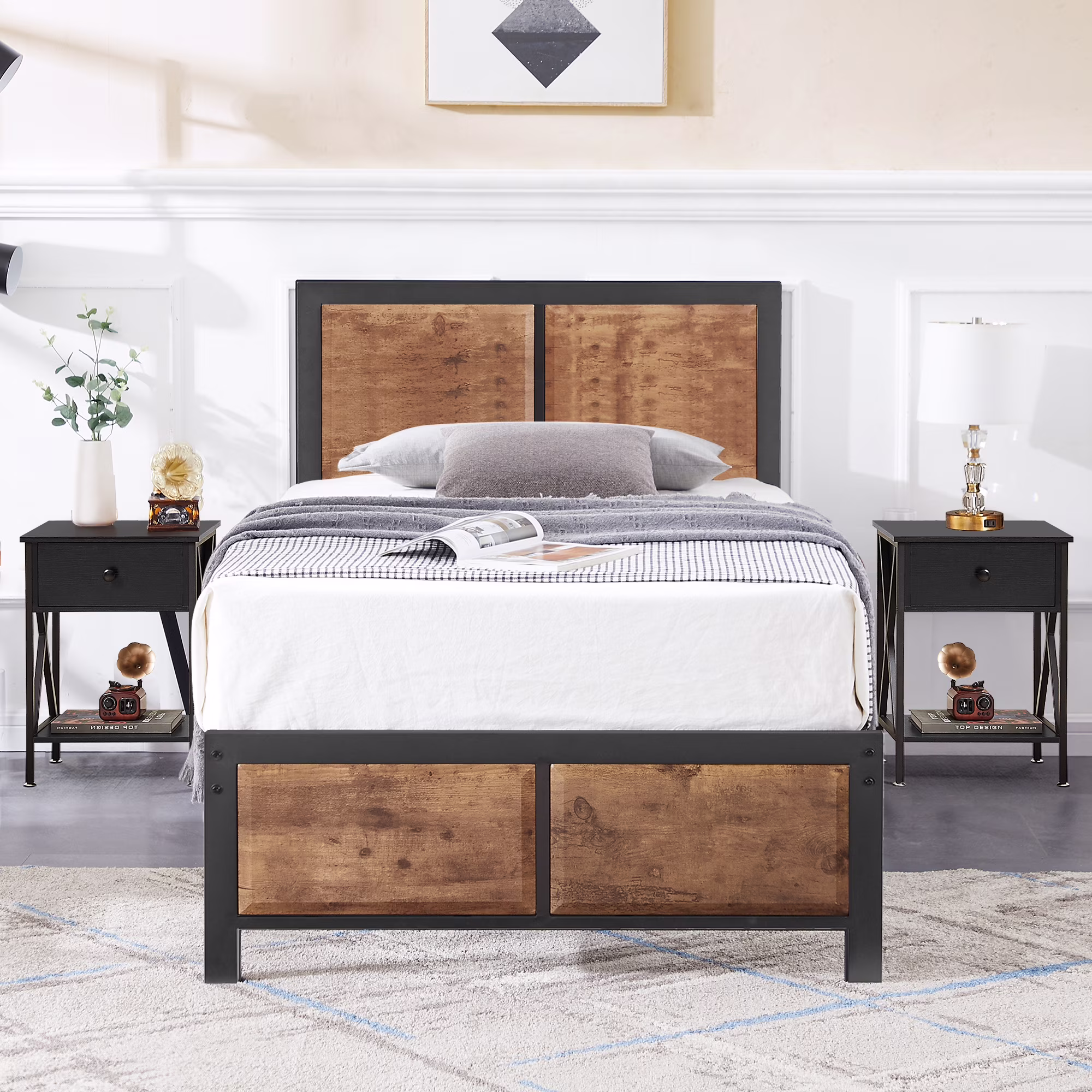 VECELO 3 – Piece Bedroom Set with Twin Size Bed Frame and 1 – Drawer Black Nightstands