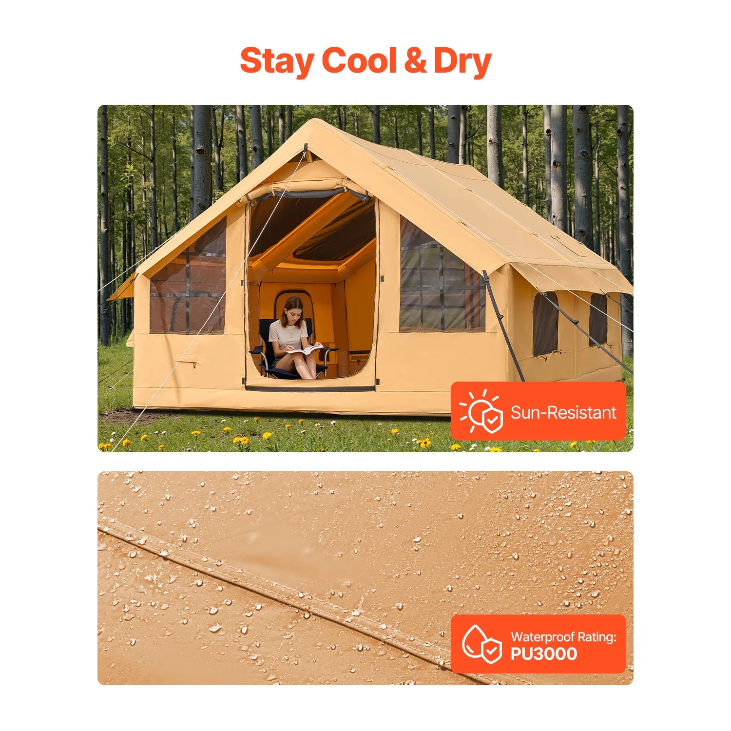 KFFKFF Inflatable Tent for Camping, 13.12 x 9.84 x 7.22 Ft Glamping Blow up Tent for 5-8 People, Air-Filled Camping Shelters, Outdoor Living Tent with Dual Sunroofs, Stove Jack