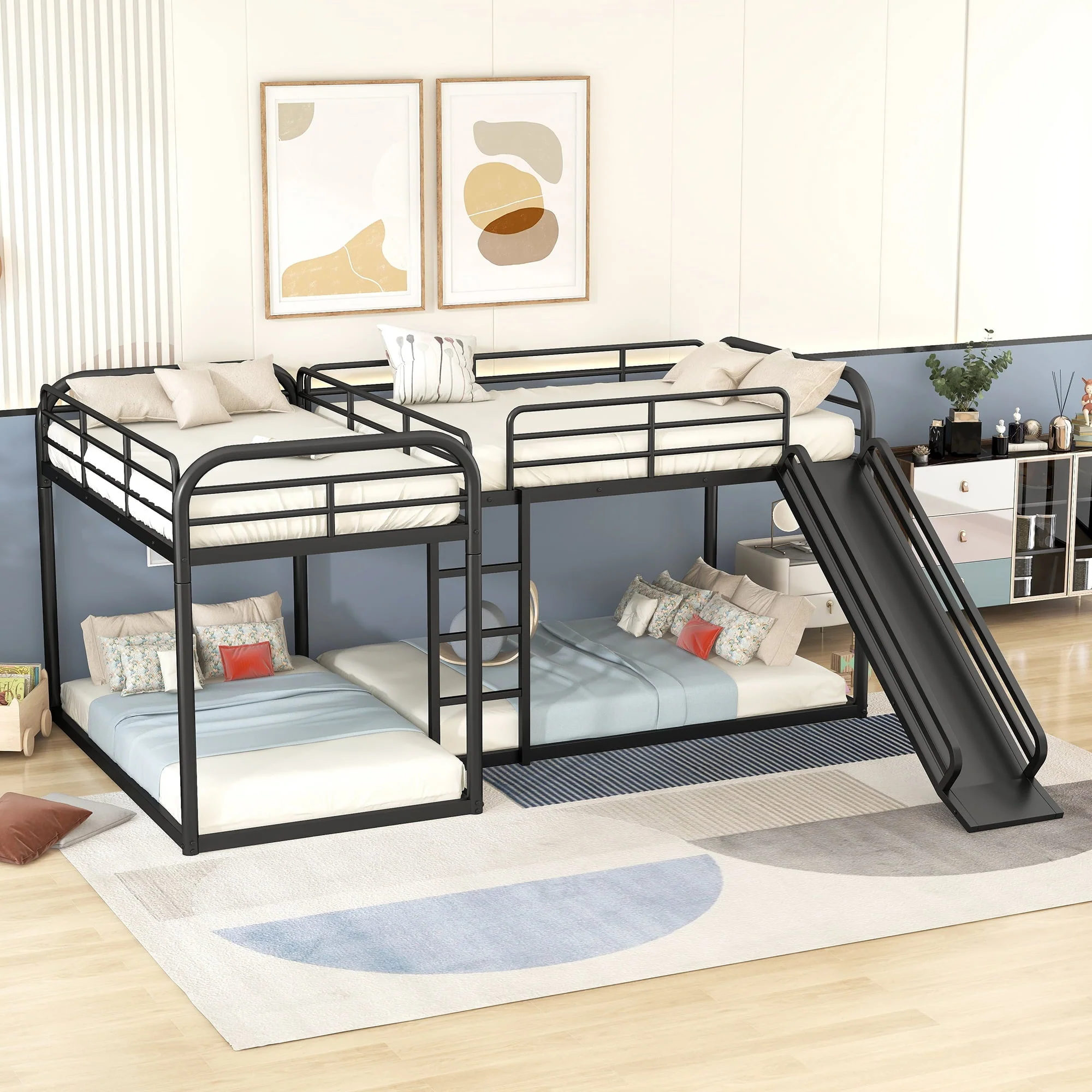 Full and Twin Size L – Shaped Quadruple Metal Bunk Bed with Slide for Kids, Black