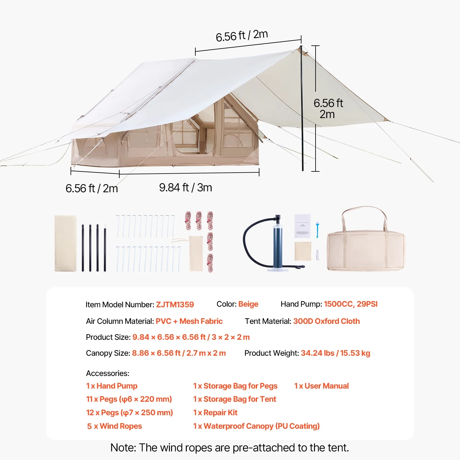 KFFKFF Inflatable Camping Tent for 3-5 Person, 9.84 x 6.56 x 6.56 Ft 300D Oxford Fabric Glamping Blow up Tent with Hand Pump, Waterproof Air Tent with Stove Jack