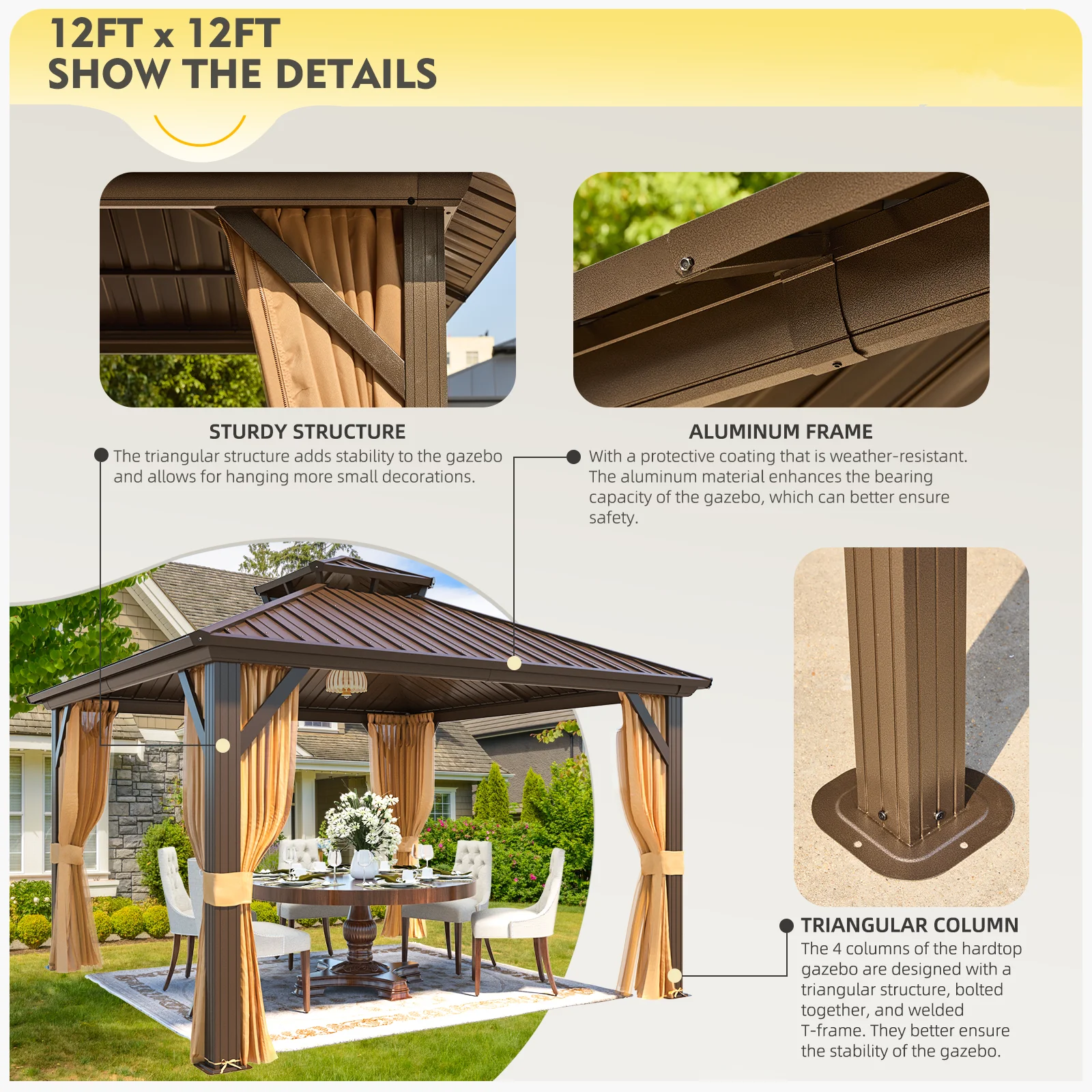 Hommow 10' X 12' Hardtop Gazebo Aluminum Frame Gazebo with Galvanized Steel Double Roof