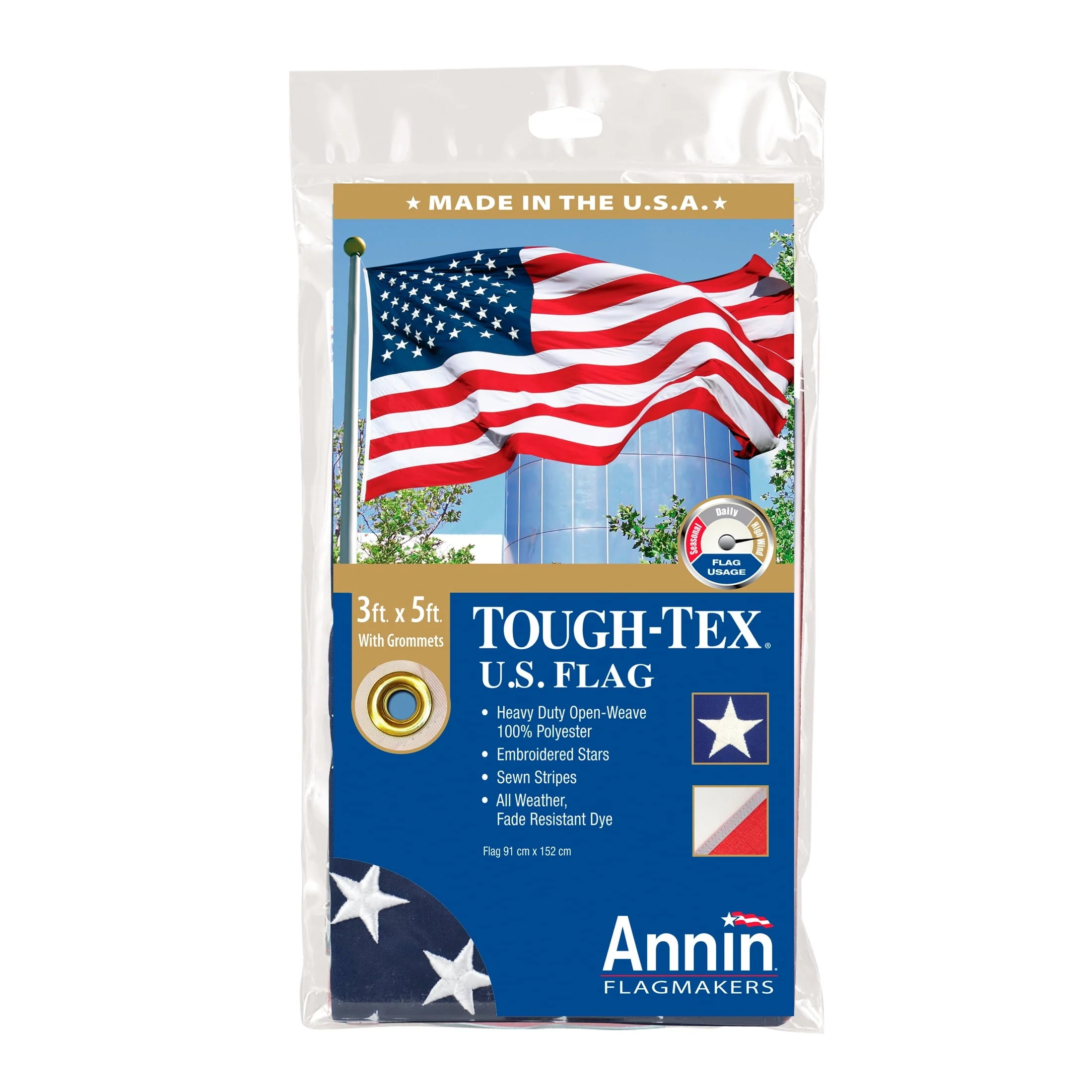 Tough-Tex American Flag with Sewn Stripes and Embroidered Stars by Annin, 3′ x 5′