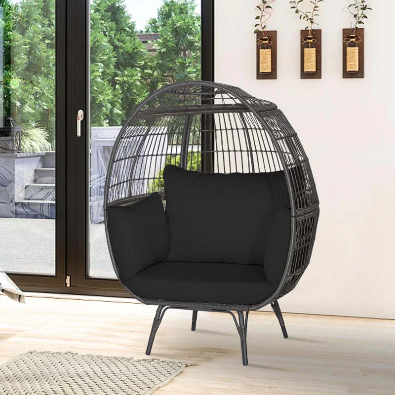 Oversized Wicker Egg Chair with 4 Cushions, Steel Frame Basket Chair Indoor Outdoor Patio Lounge Chair