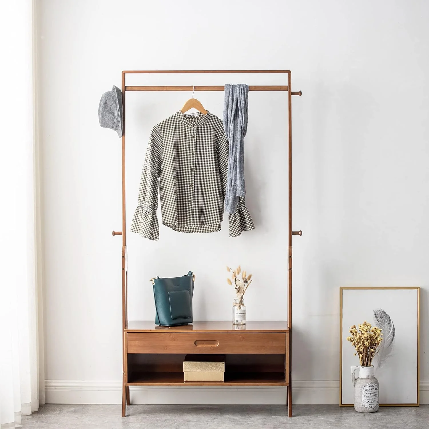 WILK Freestanding Wooden Coat Rack, Bamboo Wood Coat Rack with Seat, Storage Drawer and Hooks, Tree Freestanding for Hanging Coats, Jackets, Hats, Bags, Umbrellas, Brown (32.9(L) x 13(W) x 66.5(H))