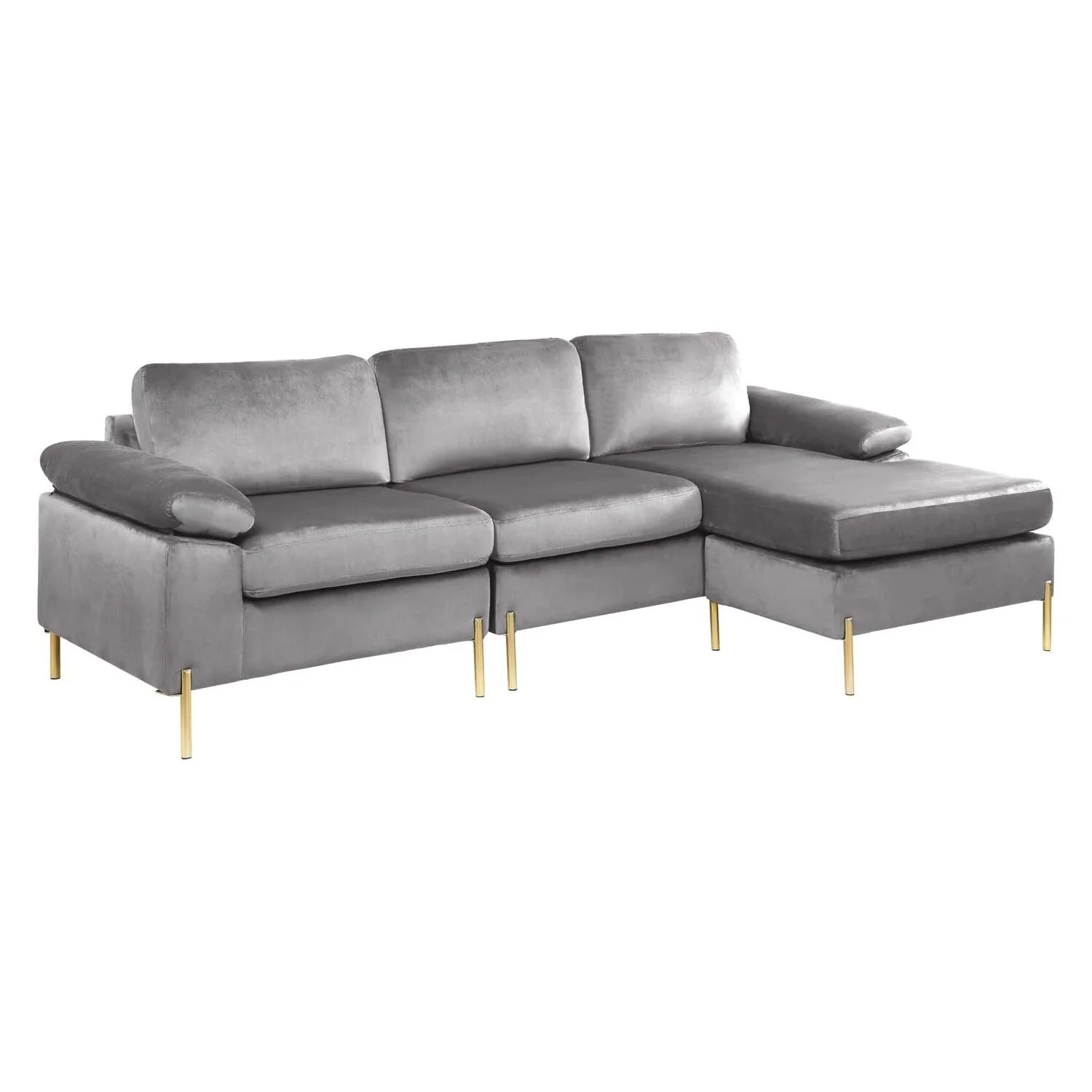 HomeStock Luxe Modern Velvet L-Shape Sectional Sofa with Square Padded Armrests, Solid Pattern Upholstery - 51.6"D x 101.2"W x 33.1"H, Comfortable and Stylish Seating for Living Room-Color:Gray/Gold