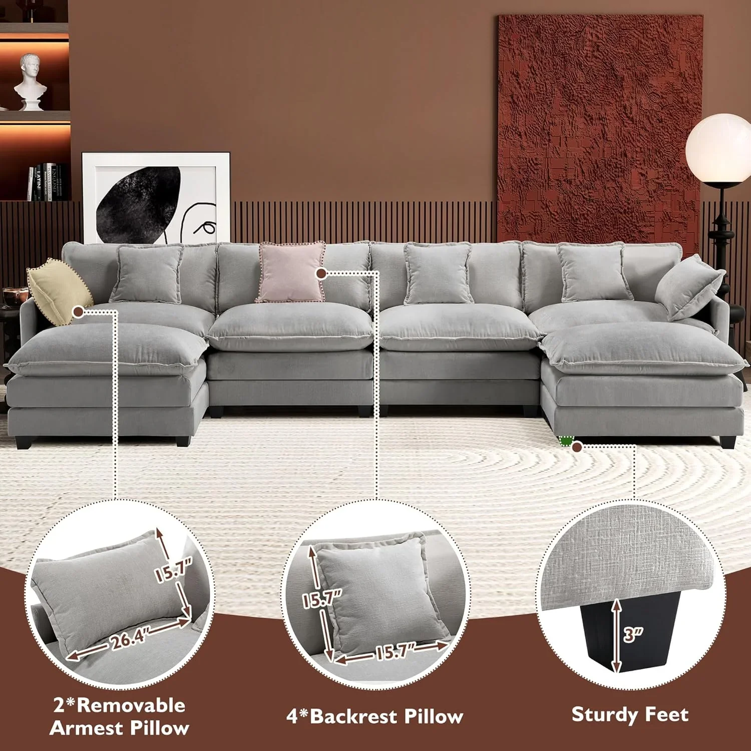 Ihanherry 146" U-Shaped Modern Sofa Modular Sectional Cloud Couch with 2 Ottoman, 6-Seat Chenille Deep Seat Sofa with 6 Pillows for Living Room, Bedroom and Apartment, Grey