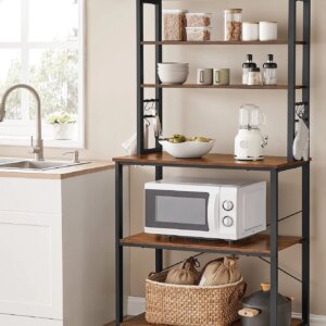 VASAGLE Baker's Rack Microwave Oven Stand Kitchen Tall Utility Storage Shelf 6 Hooks and Metal Frame Industrial 15.7 x 31.5 x 65.7 Inches Rustic Brown and Black