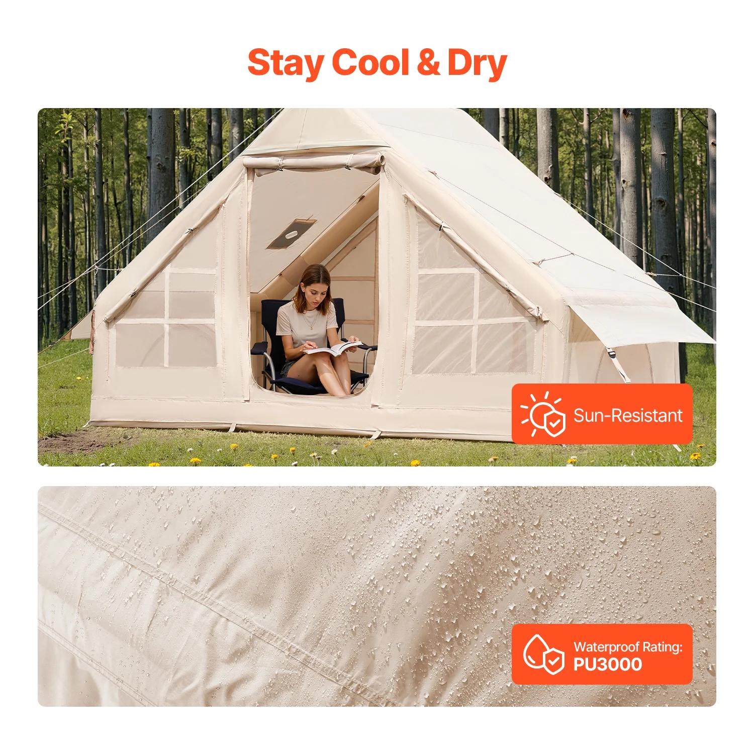 KFFKFF Inflatable Camping Tent for 3-5 Person, 9.84 x 6.56 x 6.56 Ft 300D Oxford Fabric Glamping Blow up Tent with Hand Pump, Waterproof Air Tent with Stove Jack
