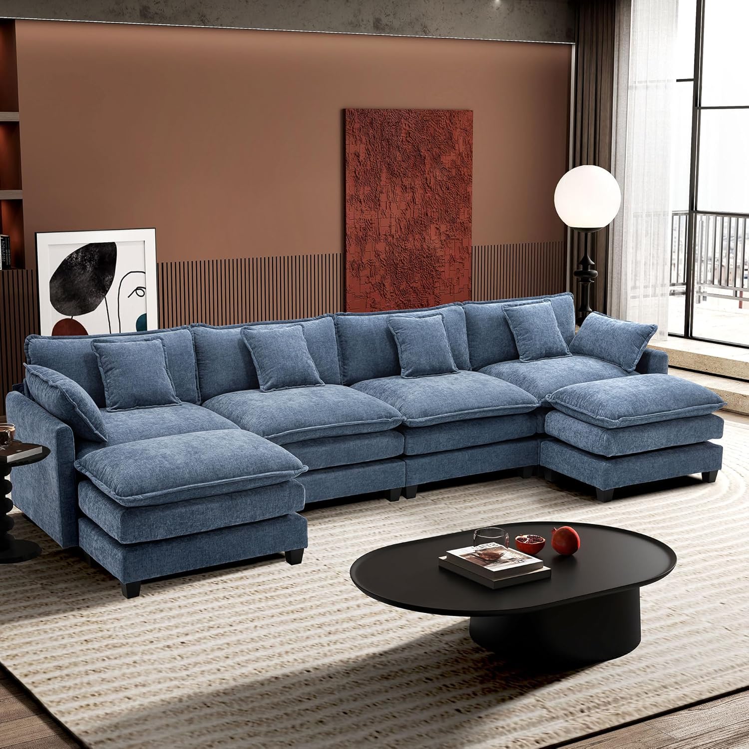 Ihanherry 146" U-Shaped Modern Sofa Modular Sectional Cloud Couch with 2 Ottoman, 6-Seat Chenille Deep Seat Sofa with 6 Pillows for Living Room, Bedroom and Apartment, Grey