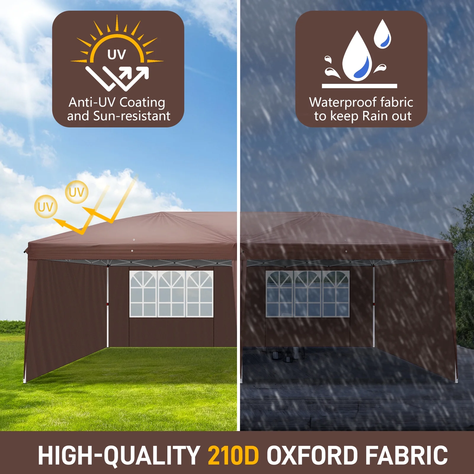 6m x 3m (20ft x 10ft) Dark Brown Waterproof Instant Pop Up Tent Portable Folding Shelter with 2 Windows, UV Protection, Heavy Duty for Camping, Outdoor Events, Market Stall, Backyard