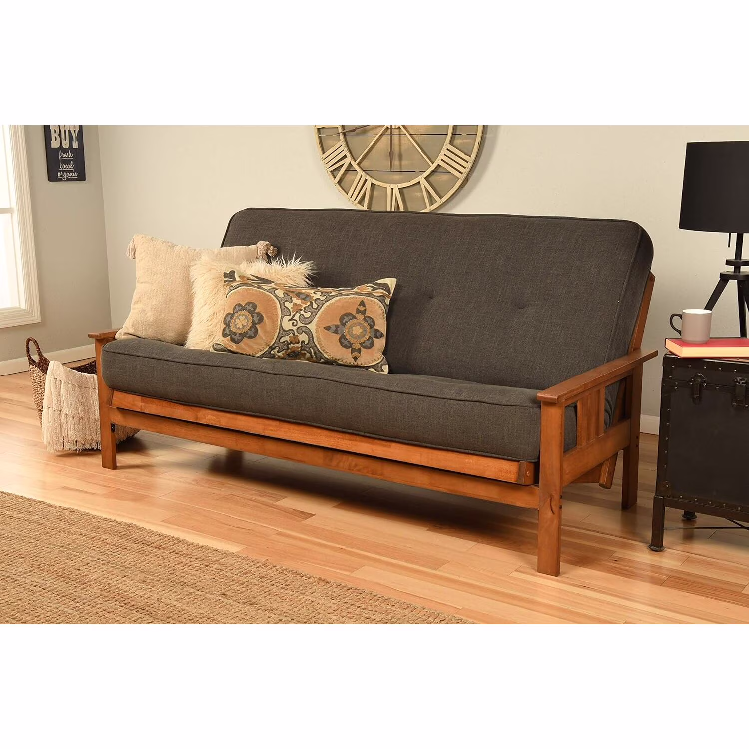 Homestock African Artifacts Full Size Futon Frame Set with Mattress, Easily Converts to Bed, Versatile Design Futon Frame for All Spaces, 33″H x 79″L x 37″D-Color:Linen Charcoal,Size:Barbados
