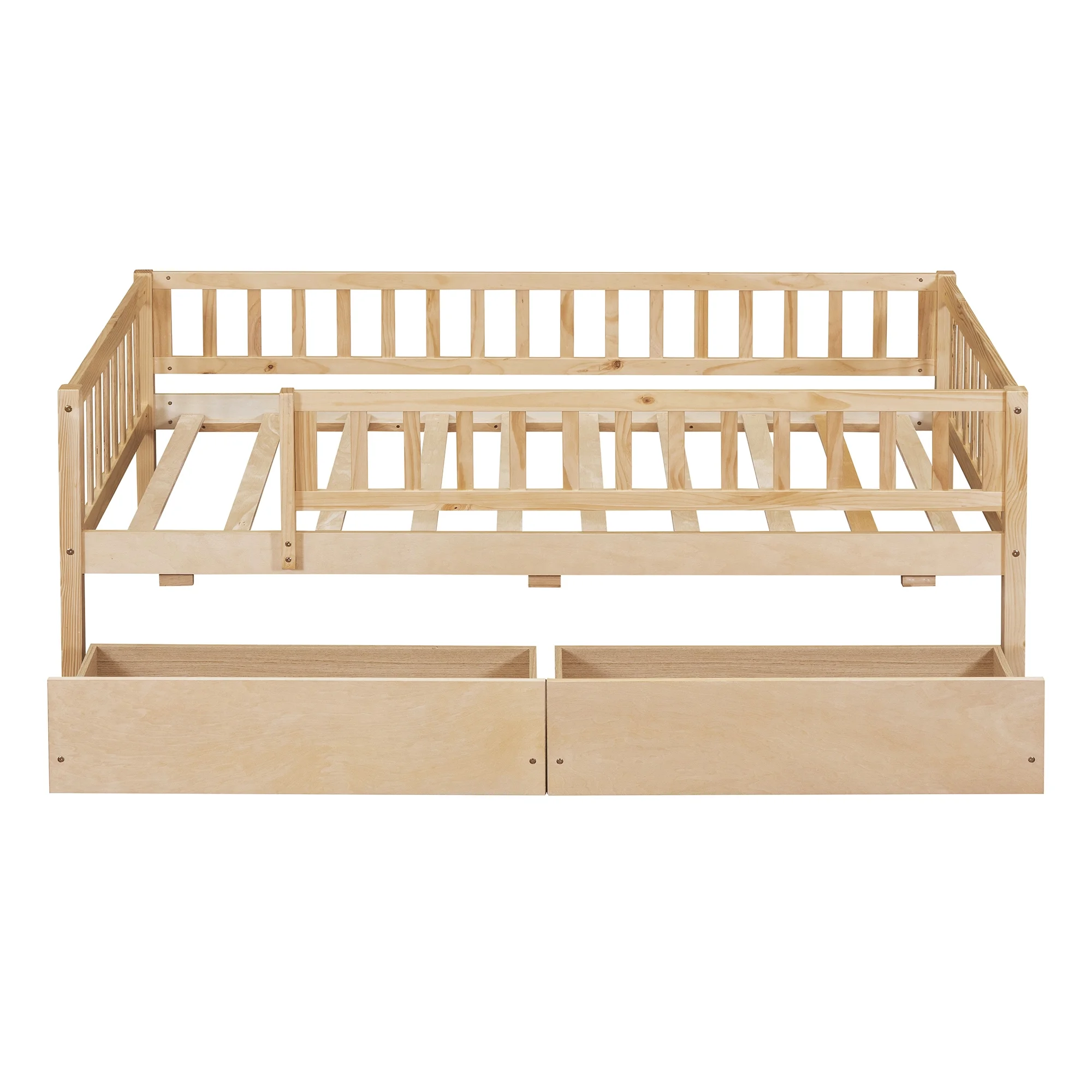 Holaki Twin Size Wood Bed with Guardrails and 2 Storage Drawers for Kids, Gray