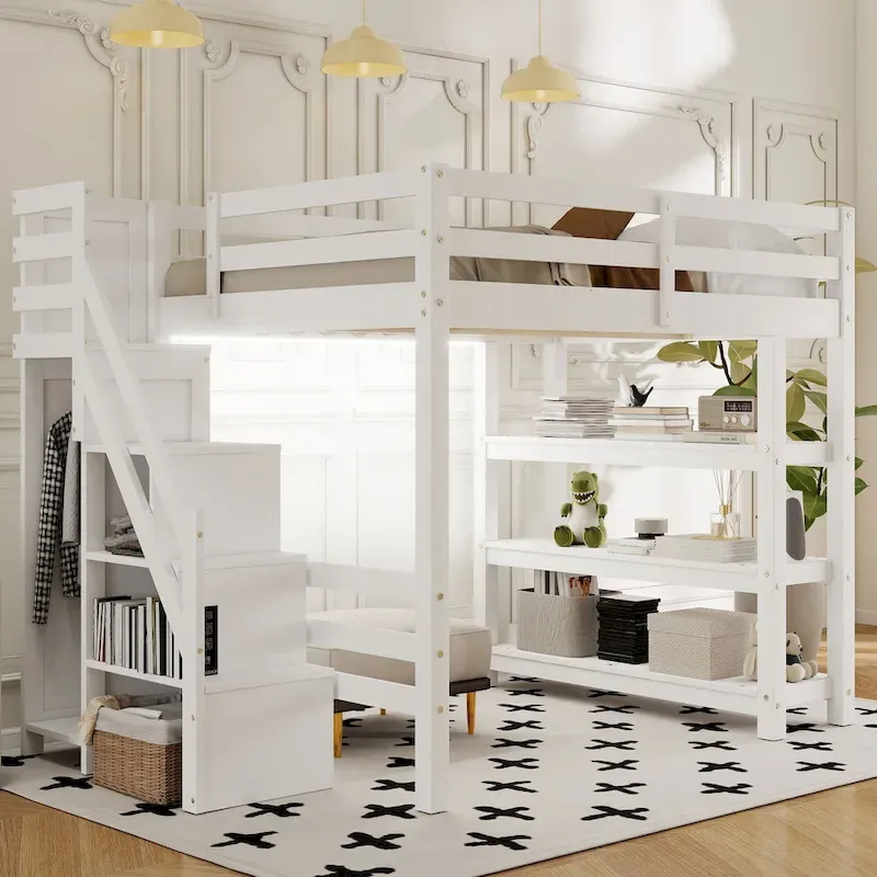 Full/Twin Loft Bed with Storage Stairs – Shelves, Wardrobe & LED Light, Space-Saving Design