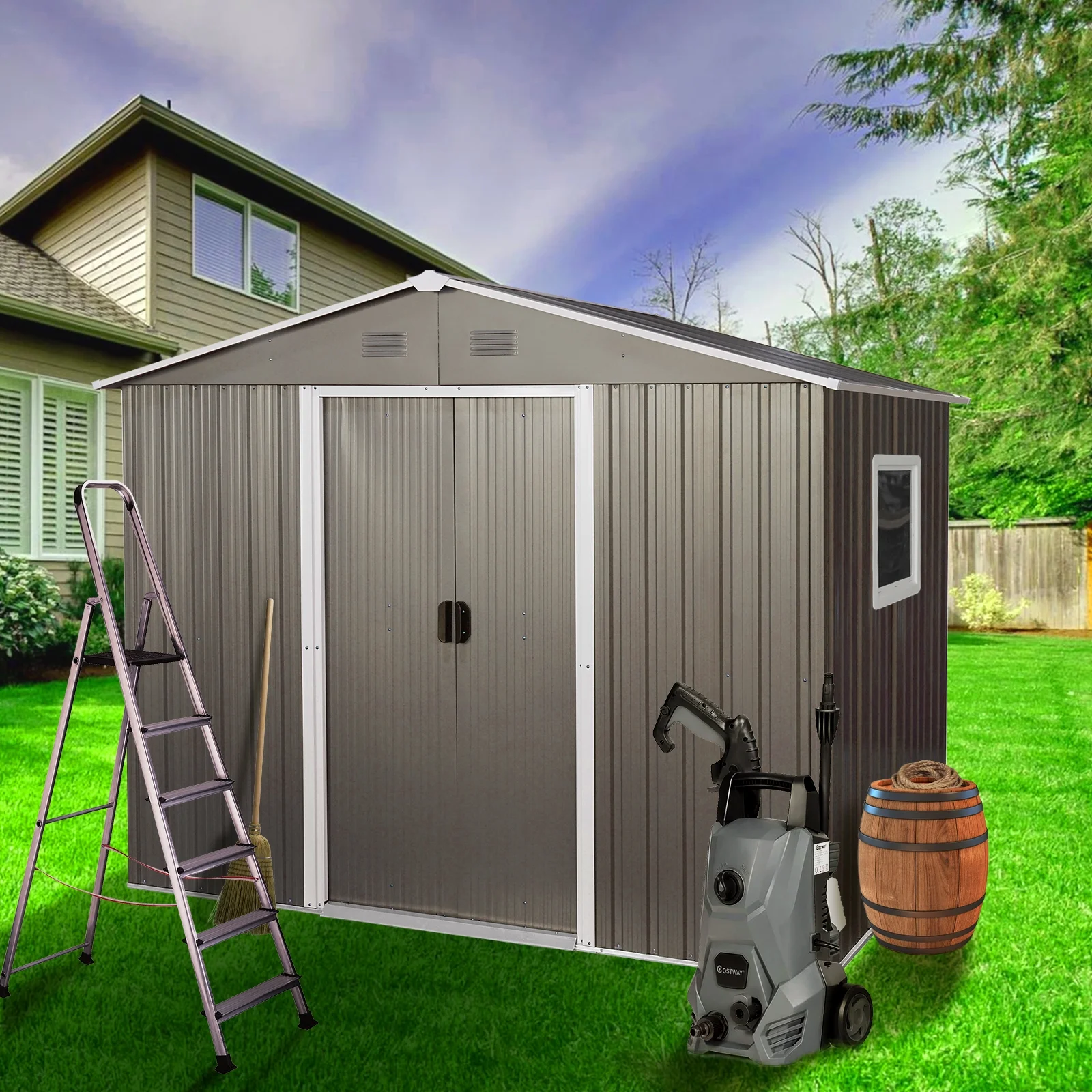8ft x 6ft Outdoor Metal Storage Shed with Window Grey DIY assembly with pre-cut