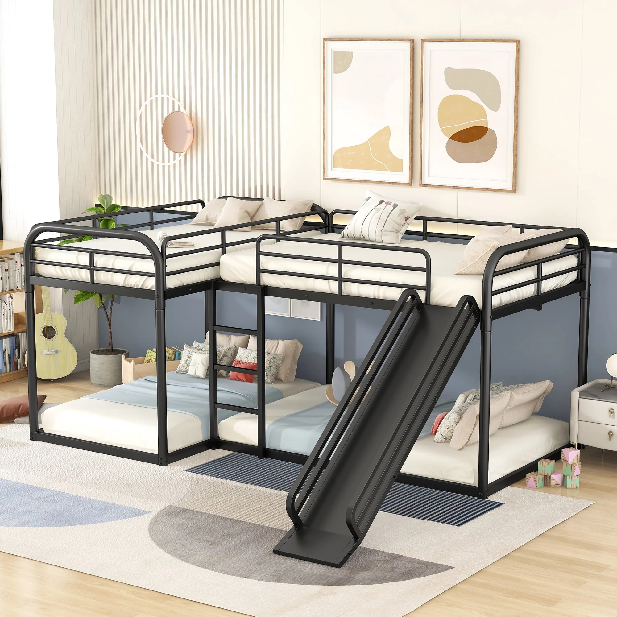 Full and Twin Size L – Shaped Quadruple Metal Bunk Bed with Slide for Kids, Black
