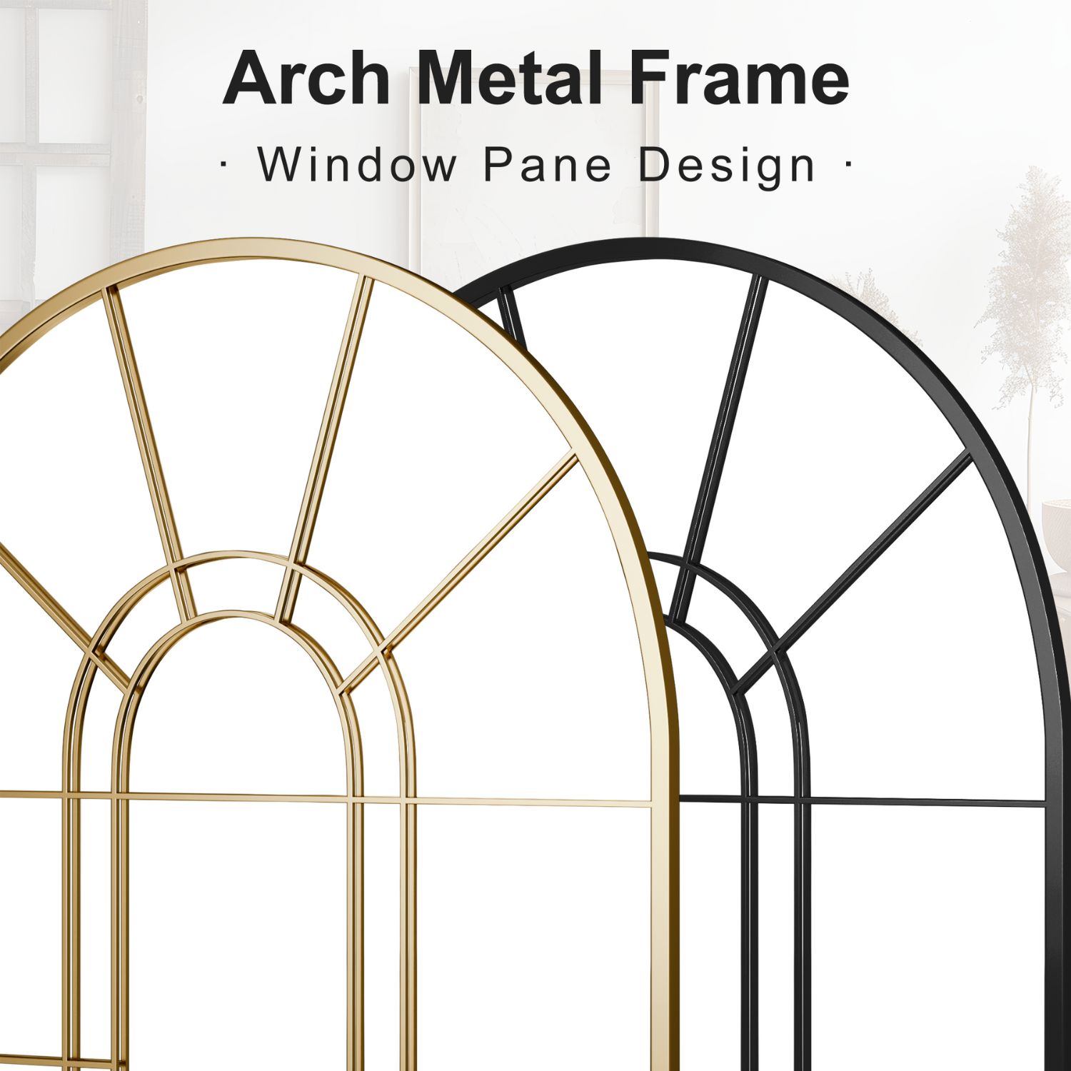 Lirago 42″ x 28″ Arched Decorative Mirror Metal Window Pane Wall Mirror, Gold