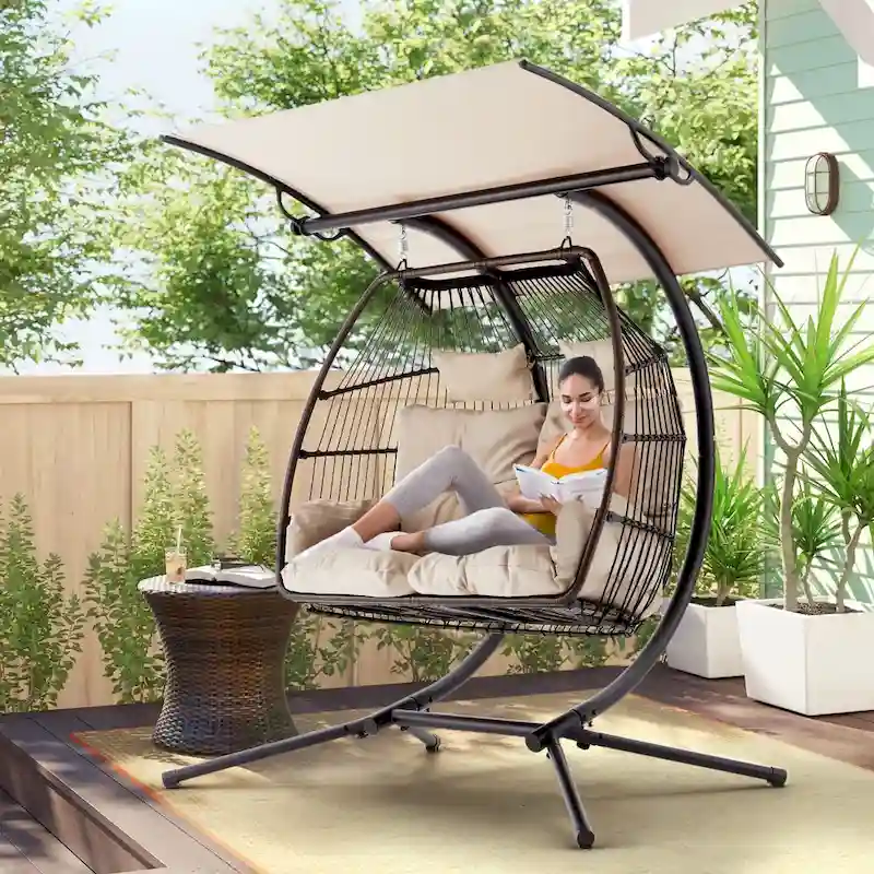 Outdoor Swing Loveseat with Stand, Foldable Hanging Chair, Hammock Cushion, and Awning, Double Egg Chair – Beige