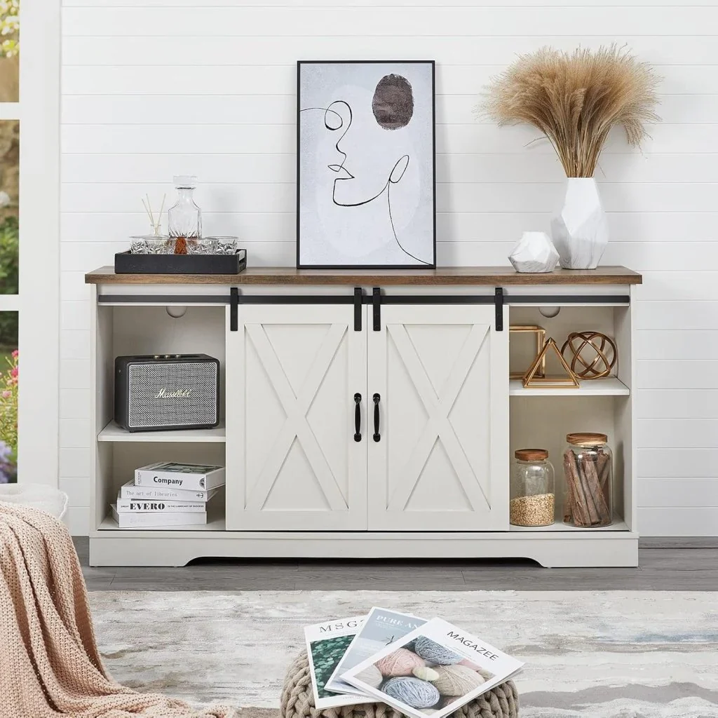 AMERLIFE Fireplace TV Stand with Sliding Barn Door for TVs up to 73", Farmhouse 63" Fireplace Entertainment Center with Storage Cabinets/Adjustable Shelves