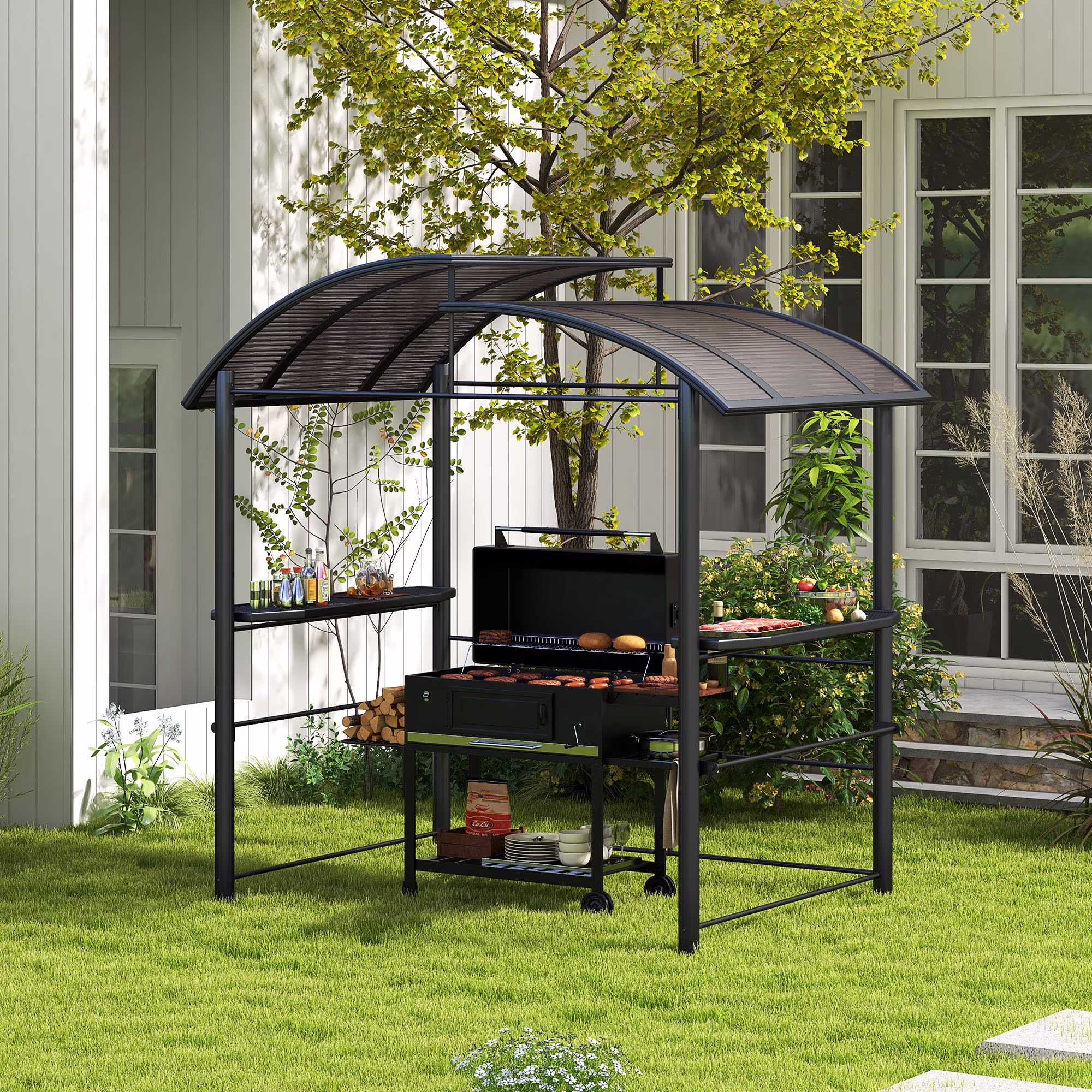 Outsunny 8′ x 5′ Grill Gazebo Shelter with Vented PC Roof, Side Shleves