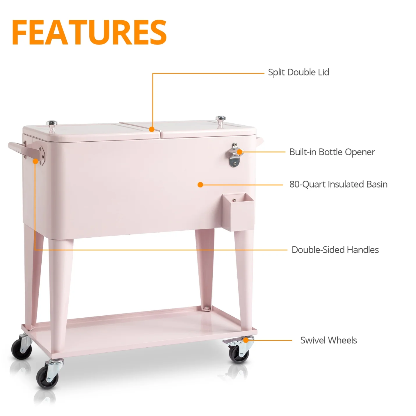 80Qt All-In-One Cooler Cart With Bottle Opener, Lower Storage Shelf and Cap Catcher, Outdoor Party Rolling Cooler With Lockable Wheels For Pool Side, Patio, Balcony, Mint(33.07 x 15.16 x 35.83)"