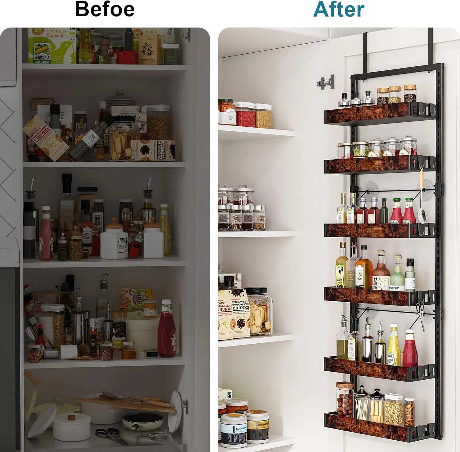 Over the Door Pantry Organizer, 6-Tier Adjustable Wooden Basket Kitchen Pantry Door Organization and Storage, Heavy-Duty Metal Hanging Kitchen Spice Rack,D6.3 x W17.71 x H50.60 inch,1 Pack