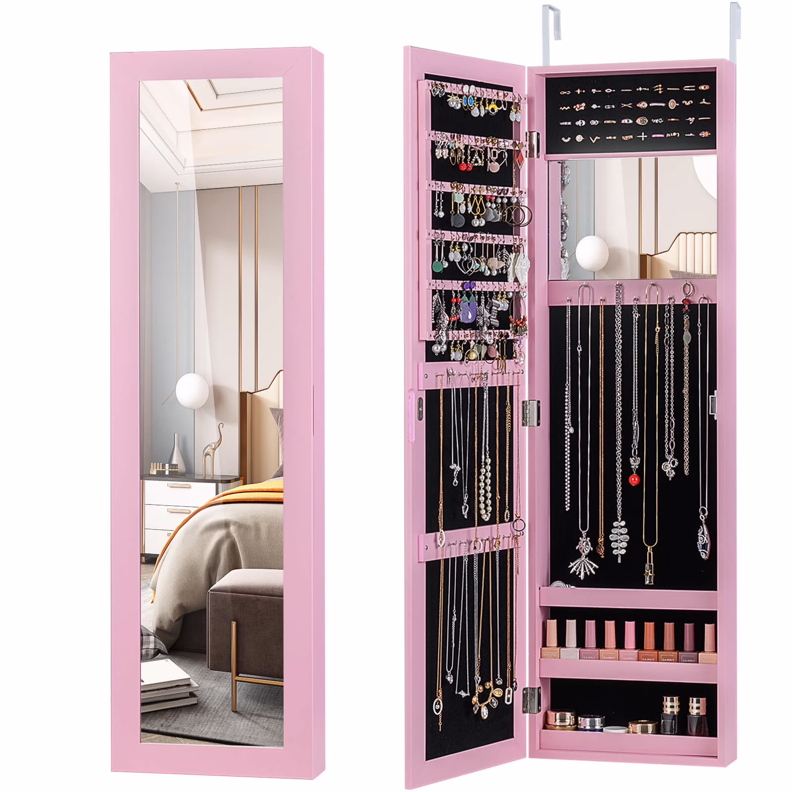 Costway Wall Door Mounted Mirrored Jewelry Cabinet Storage Organizer-Black