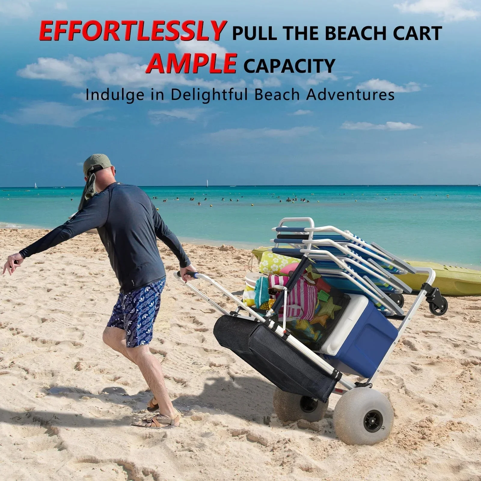 Foldable Beach Cart with Adjustable Handle and 12″ Balloon Wheels, Heavy Duty Aluminum 220LBS Capacity