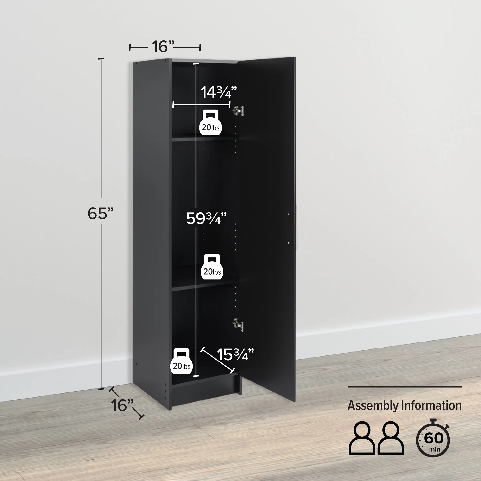 Prepac Elite 16" Storage Cabinet, Black Storage Cabinet, Bathroom Cabinet, Pantry Cabinet with 2 Adjustable Shelves, 16" D x 16" W x 65" H, BEB-1664