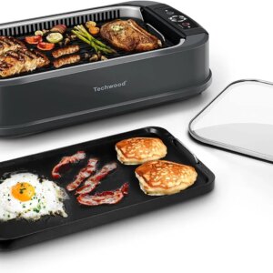 Indoor Grill, Techwood 1500W Smokeless Electric Grill with Tempered Glass Lid, Compact & Portable Non-Stick BBQ Grill with 6-Level Control, Dishwasher Safe, Black