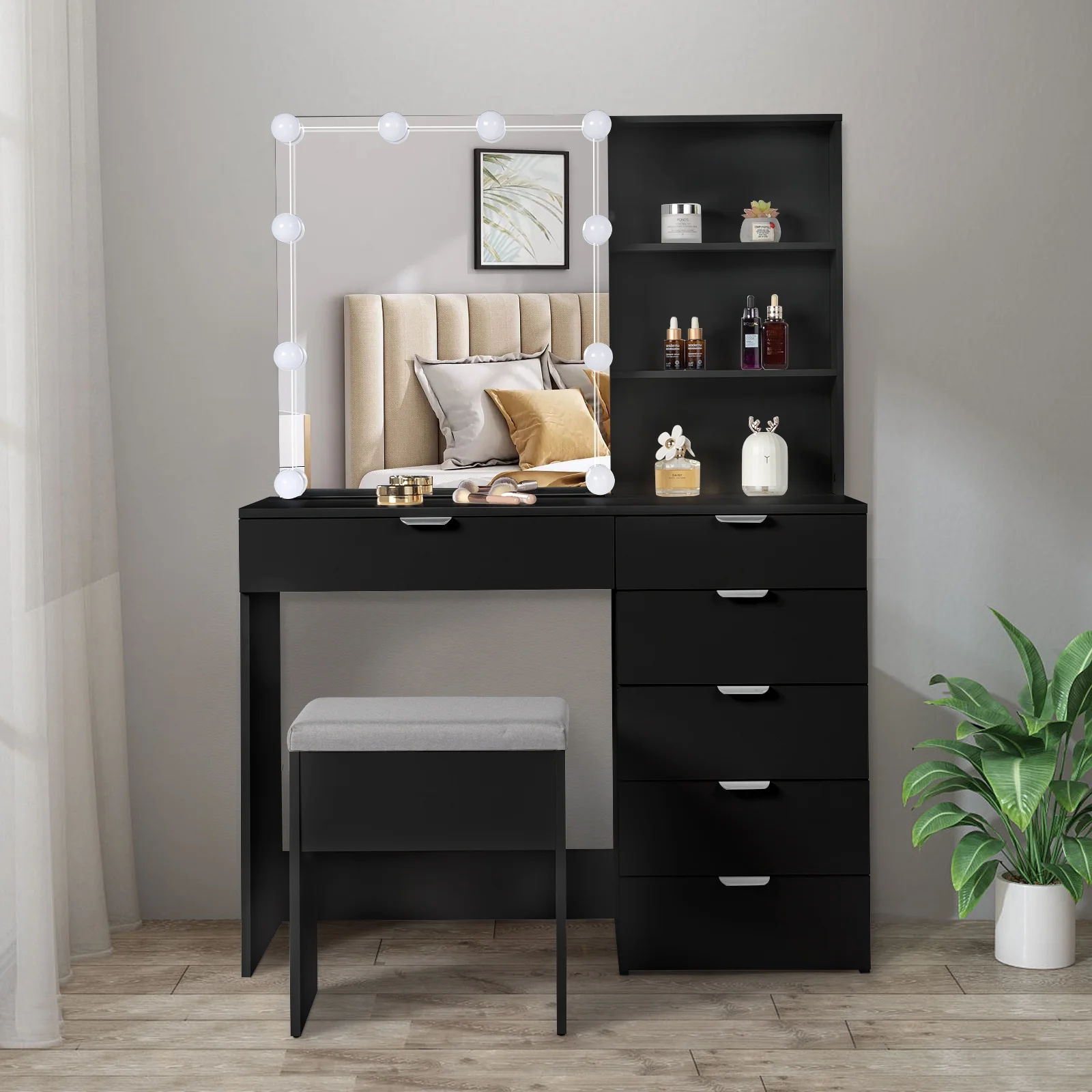 Ktaxon Vanity Set with 3 Color Lighted Mirror, Makeup Table with 6 Drawers, Dressing Table Makeup Desk with Stool, White
