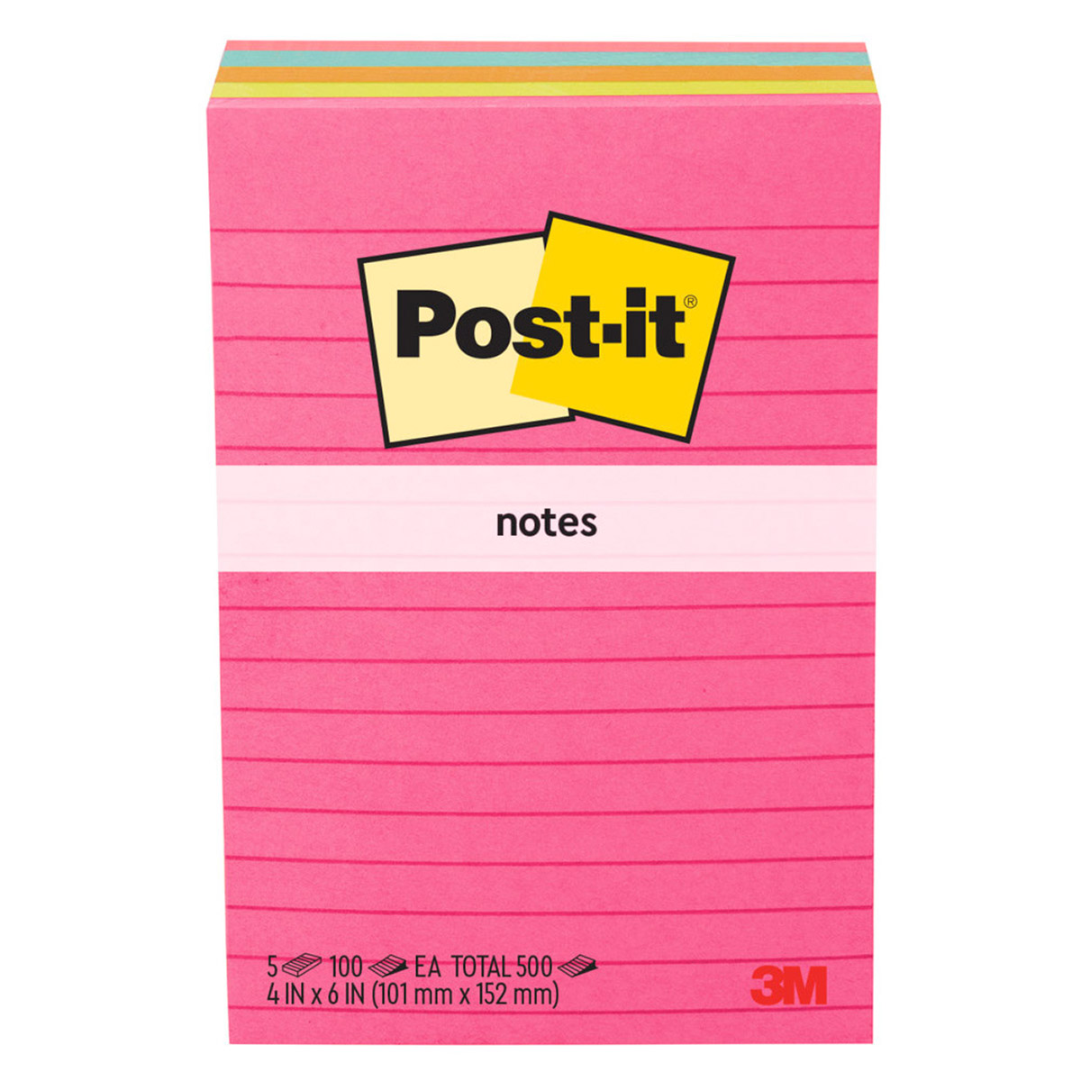 Post-it Notes, 4 in. x 6 in. Assorted Colors, 100 Sheets, 5-pack