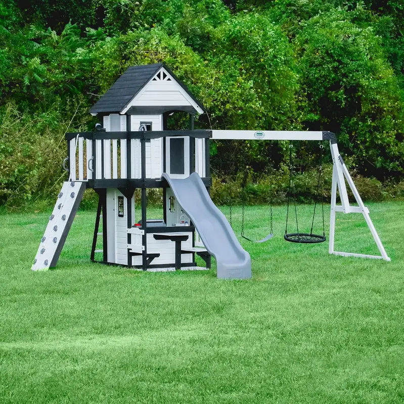 Backyard Discovery Canyon Creek Cedar Wood Swing Set With Wave Slide, Clubhouse, Play Kitchen, 183 x 188 x 119 Inches