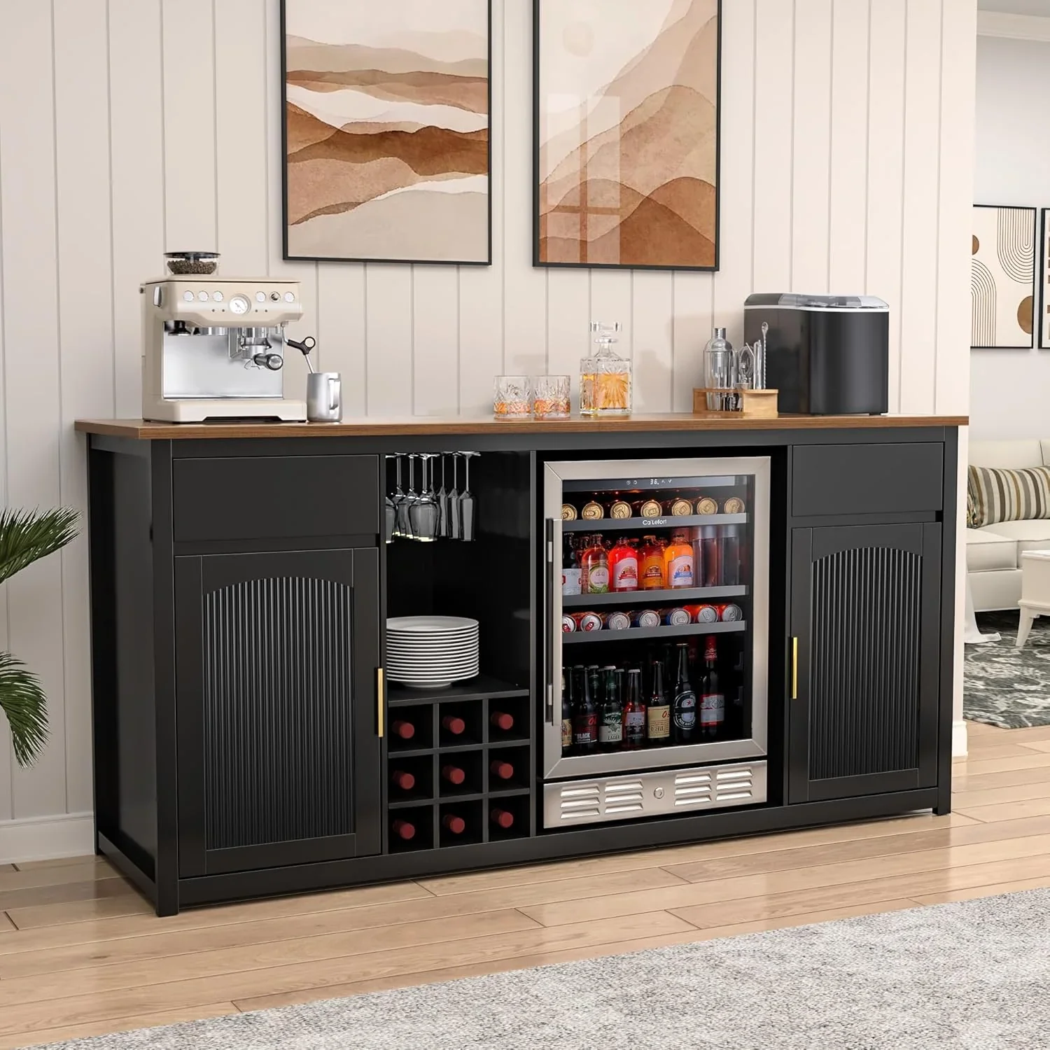 GDLF Large Coffee Bar Cabinet with Fridge Space, Mini Fridge Cabinet with Wine Storage