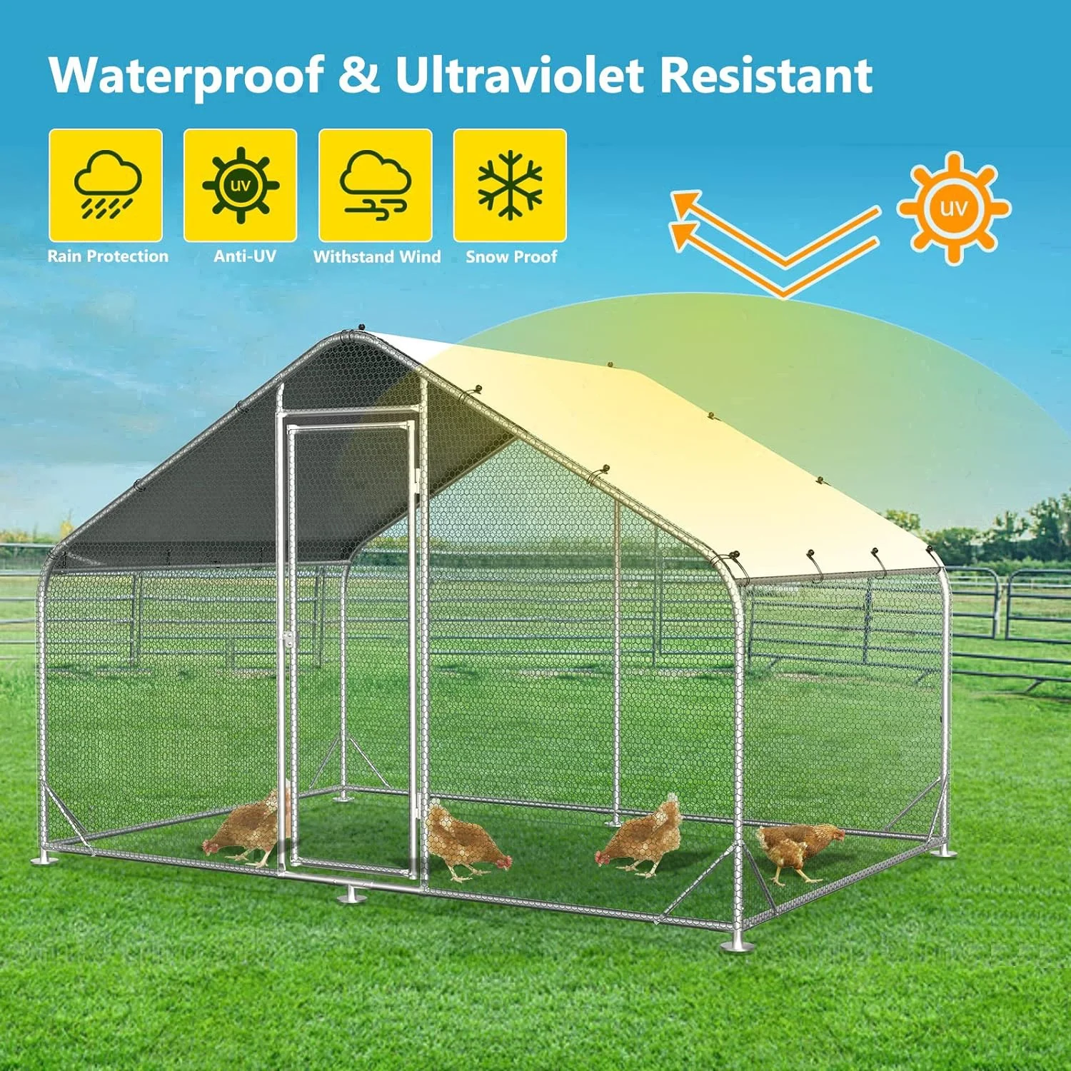 Large Metal Chicken Coops, Outdoor Duck Walk-in Run Poultry Cage, Hen House Yard Habitat Cage with Waterproof Cover Spire Shaped Coop, 9.8' L x 6.6' W x 6.6' H