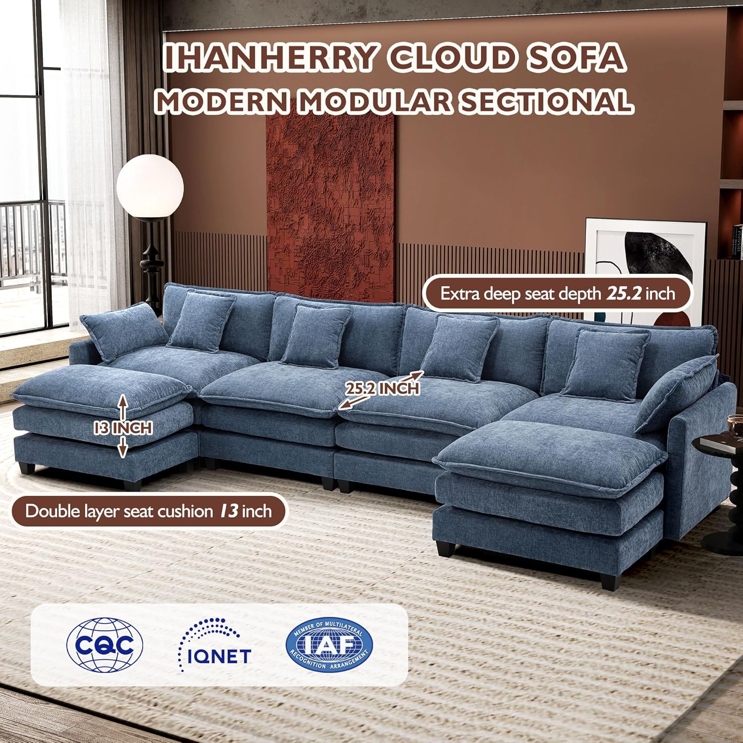 Ihanherry 146" U-Shaped Modern Sofa Modular Sectional Cloud Couch with 2 Ottoman, 6-Seat Chenille Deep Seat Sofa with 6 Pillows for Living Room, Bedroom and Apartment, Grey