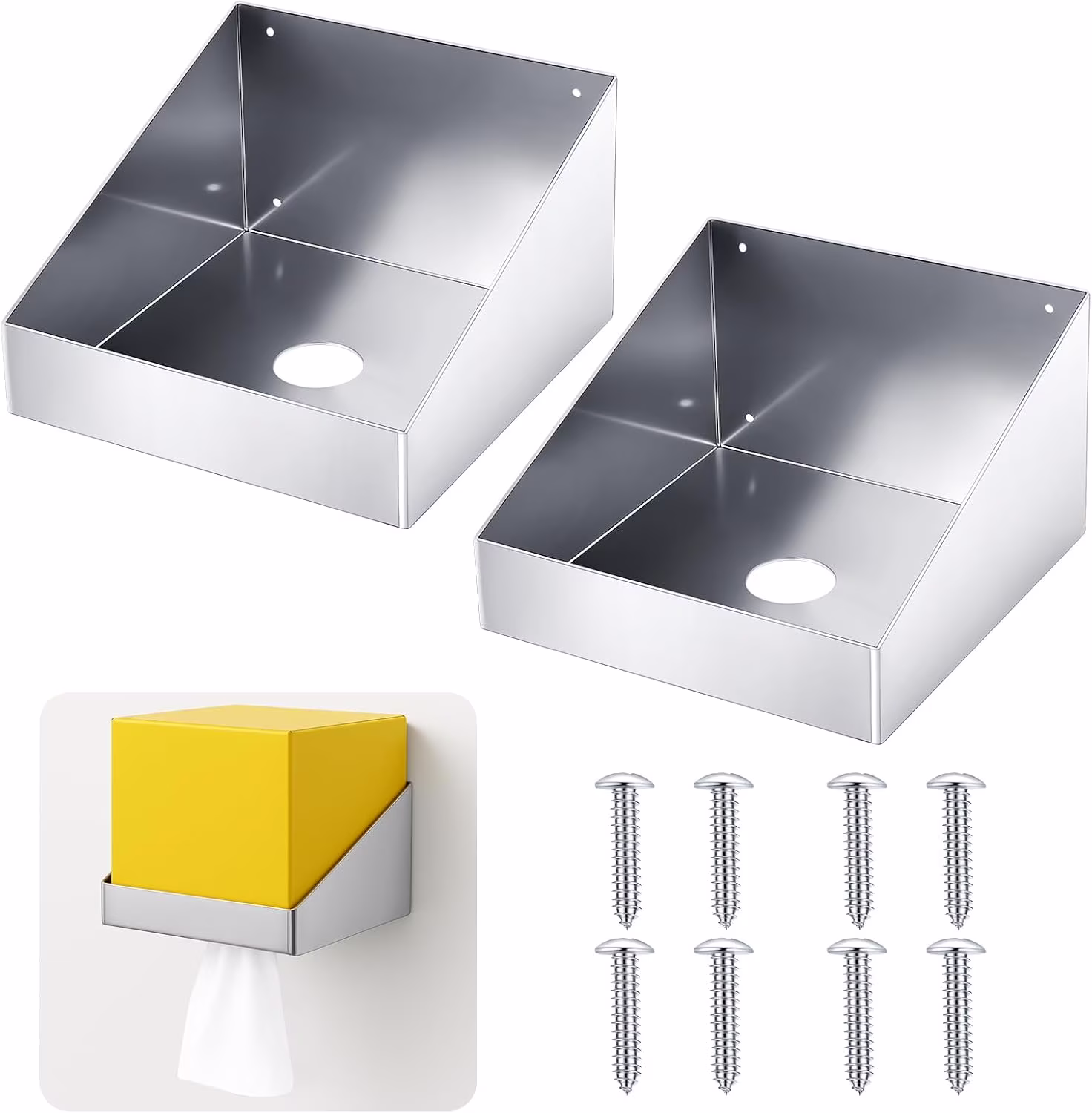 Set of 2 Rag in a Box Wall Mount Aluminum Dispenser Holder Storage Rack Organizer for Enclosed Race Trailer, Shop, Garage Storage, Silver, 9.7” L x 9.7” W x 6” H