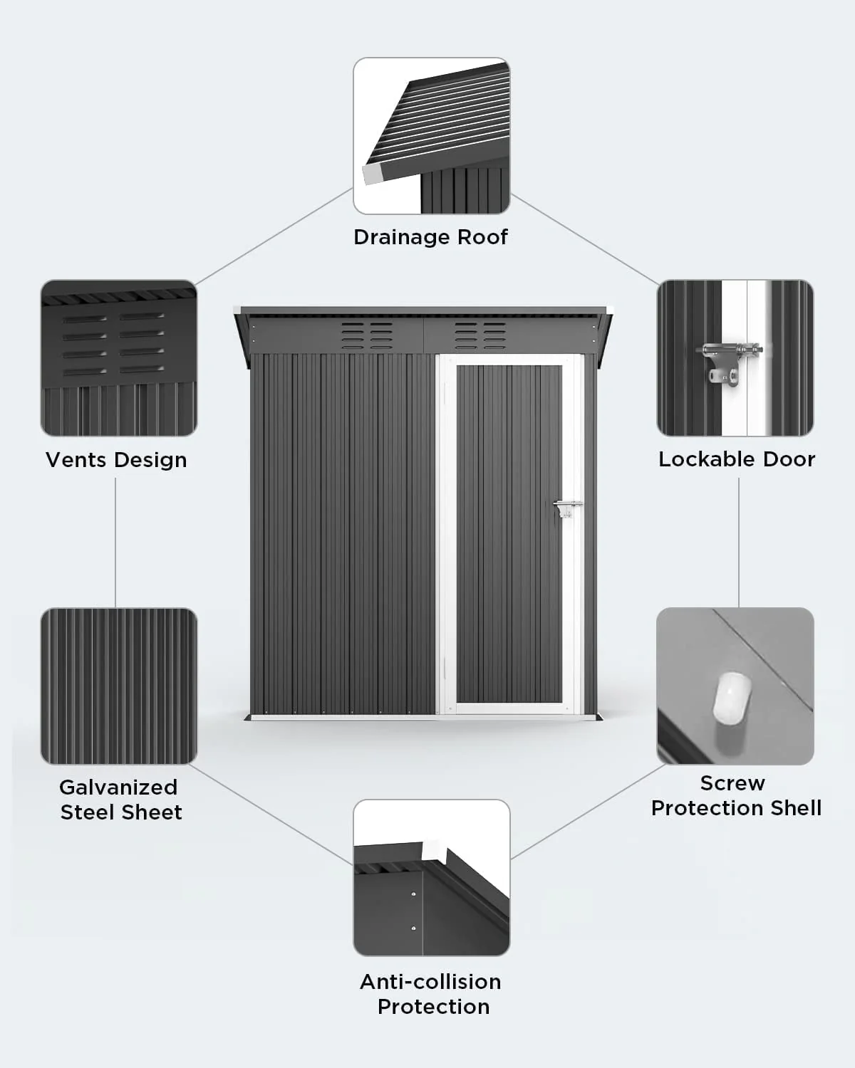 Aiho 5’x 3′ Metal Outdoor Storage Shed for Patio Lawn Garden – Gray