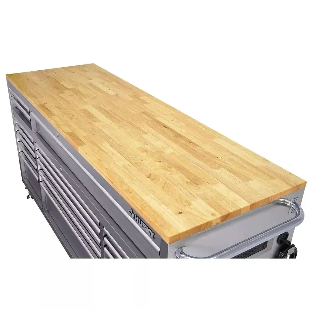 72 in. 18-Drawer 24 in. D Mobile Workbench With Solid Wood Top – Stainless Steel