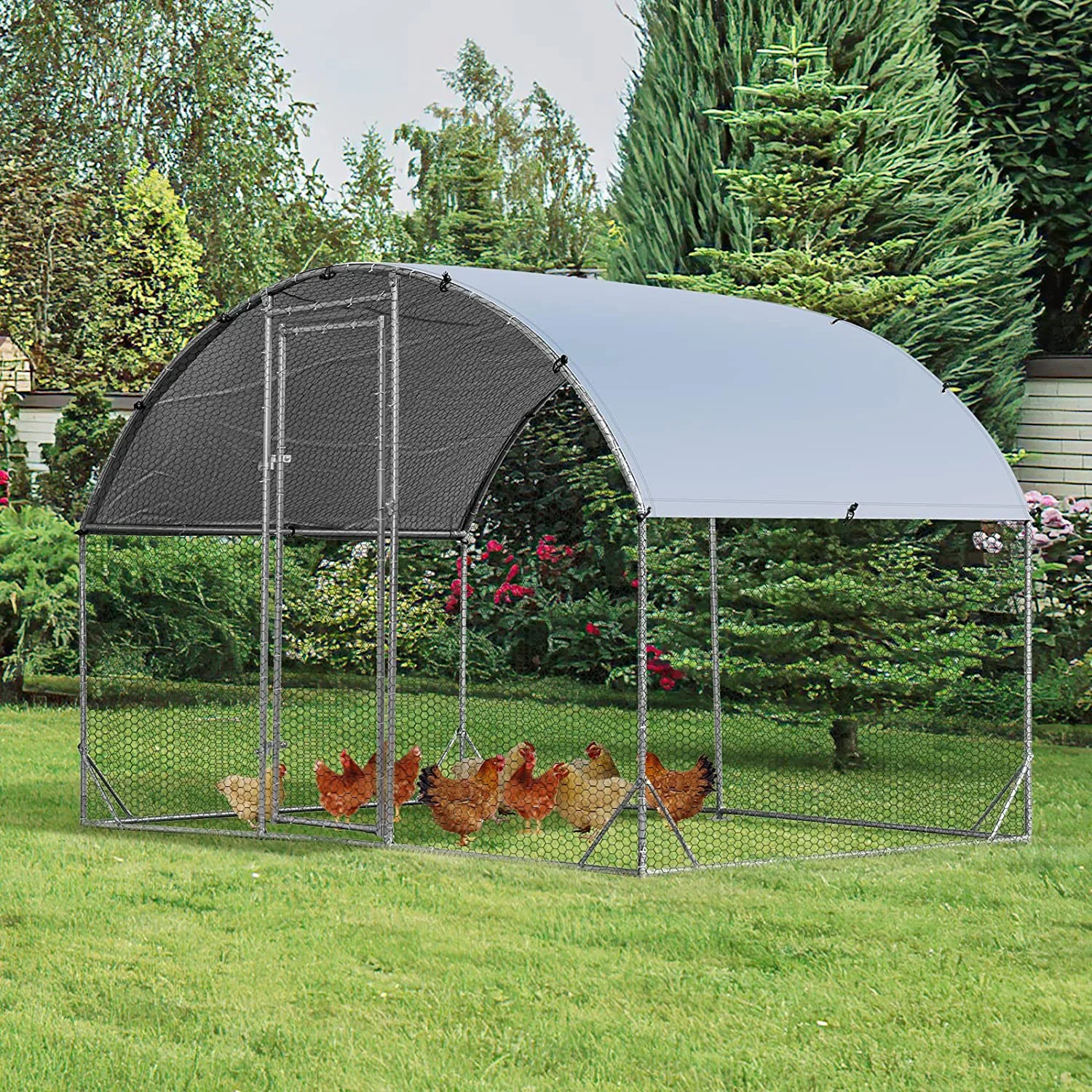 Large Metal Chicken Coops, Outdoor Duck Walk-in Run Poultry Cage, Hen House Yard Habitat Cage with Waterproof Cover Spire Shaped Coop, 9.8' L x 6.6' W x 6.6' H