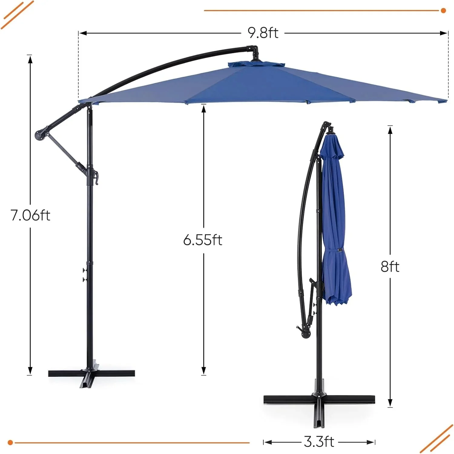 9.8FT Offset Patio Umbrella Hanging Cantilever Umbrella Outdoor Sun Shade with Easy Tilt Adjustment, 8 Ribs, UV Protection for Backyard, Lawn, Garden and Pool, Blue