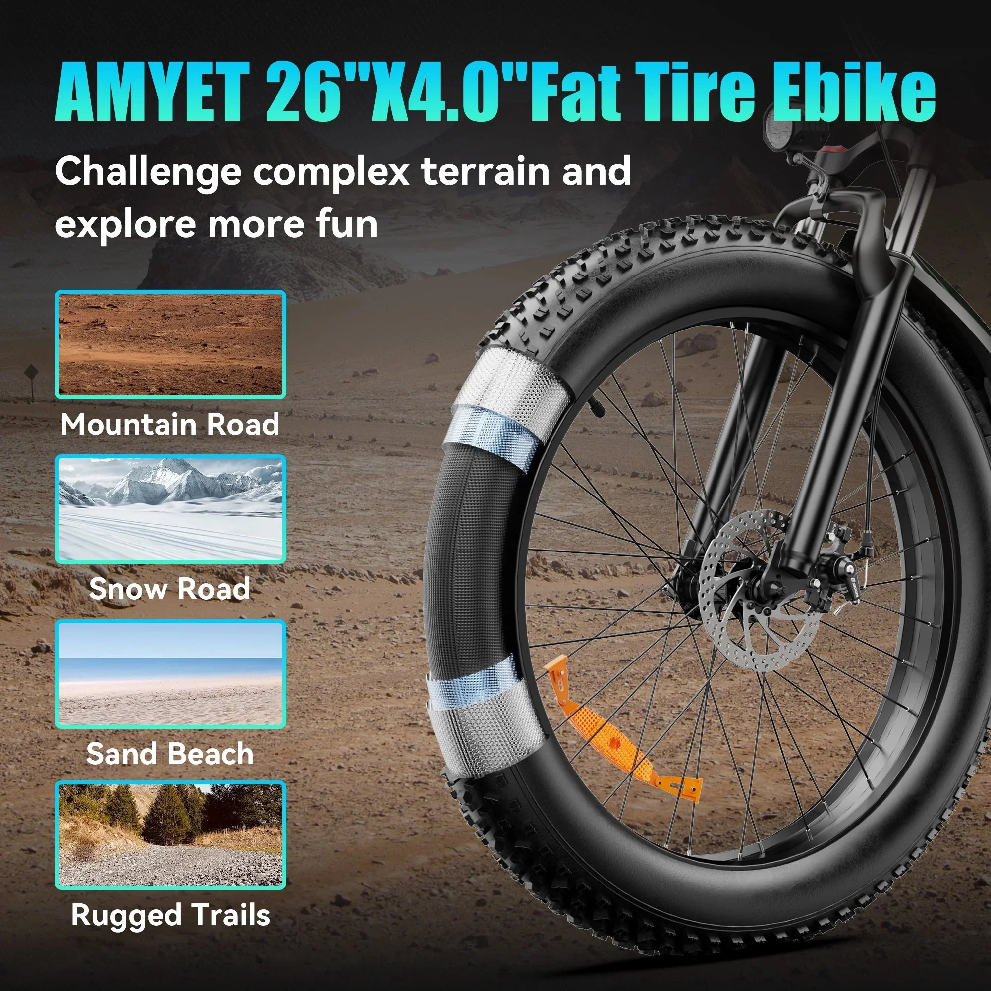 AMYET 26 x 4 Fat Tire Electric Mountain Bike, 48V 15Ah, 7-Speed - EB26