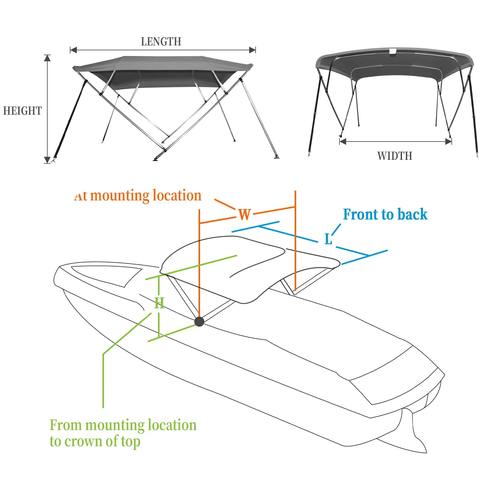 4 Bow Top Boat Cover with Aluminum Alloy Frame, Include Straps & Adjustable Rear Support Pole, Zippered Storage Boot, PU Coating Canvas Gray 8'L x 54" H x 73"-78" W