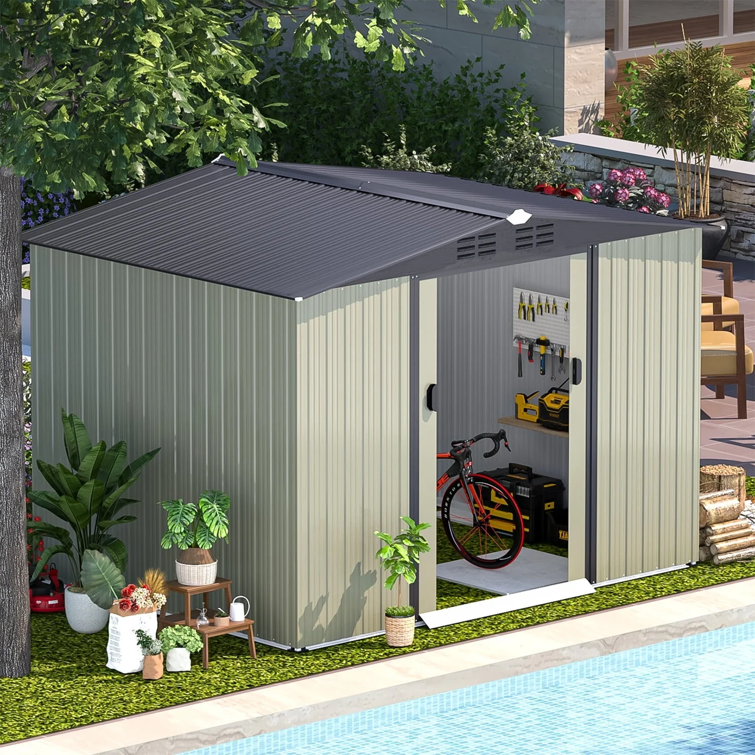 AECOJOY 8 x 6 ft. Outdoor Metal Storage Shed with Sliding Door