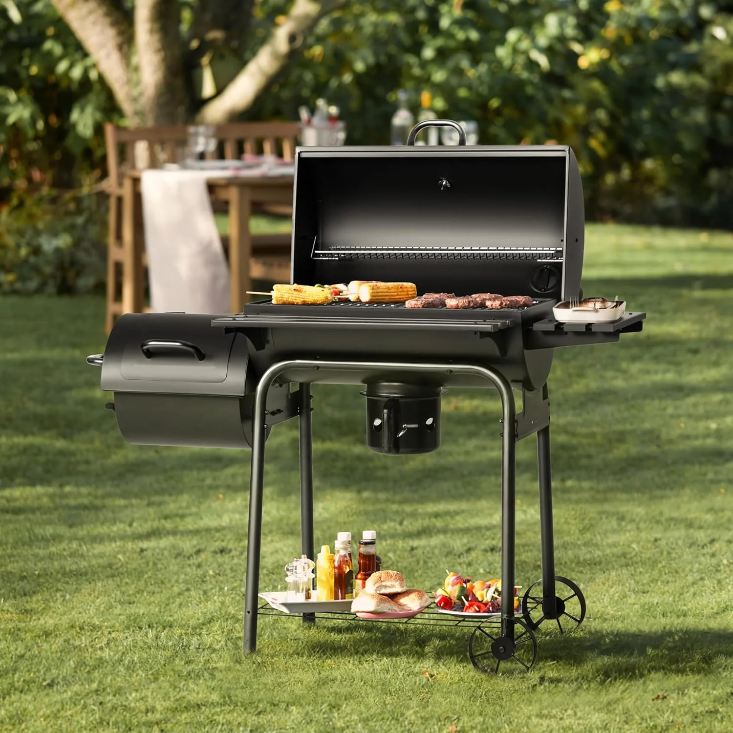 Devoko Charcoal Grill, Outdoor BBQ Grill with Offset Smoker and Side Table for Garden and Parties