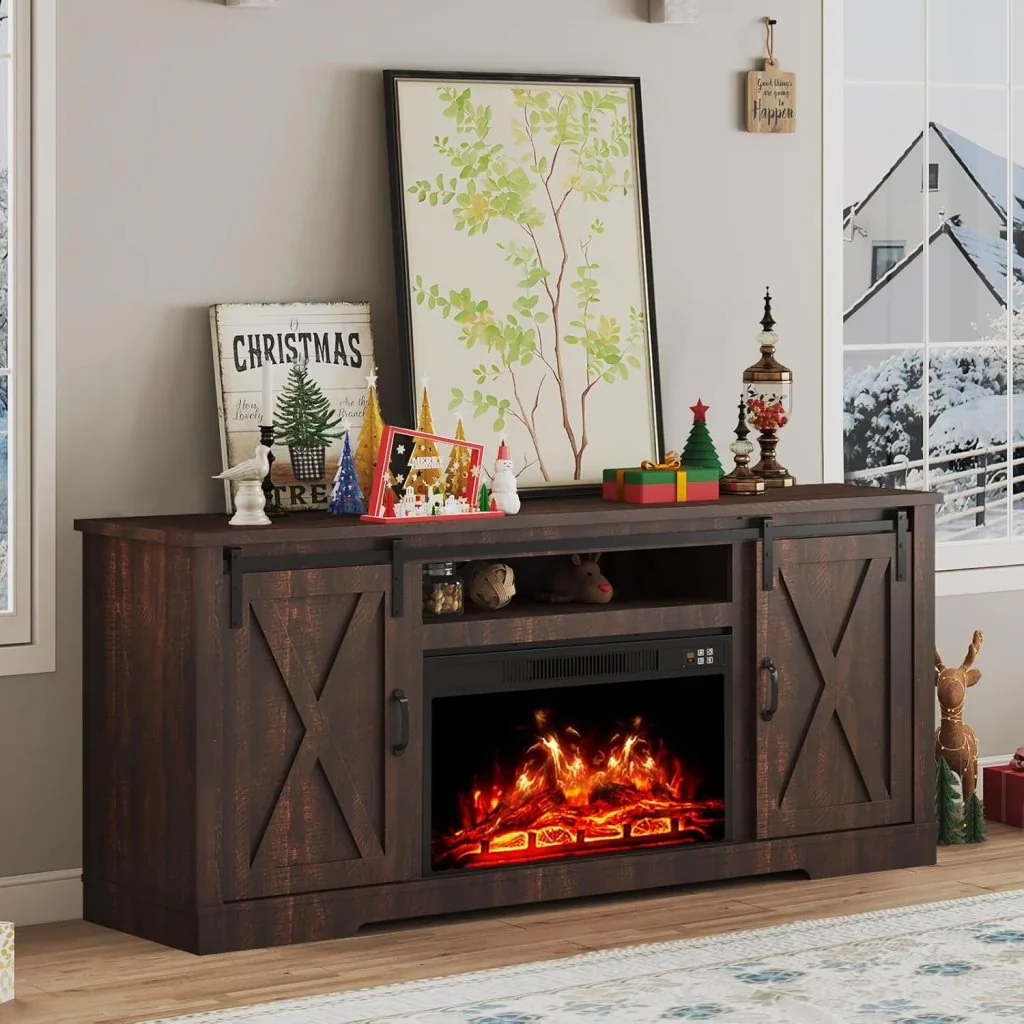 AMERLIFE Fireplace TV Stand with Sliding Barn Door for TVs up to 73", Farmhouse 63" Fireplace Entertainment Center with Storage Cabinets/Adjustable Shelves