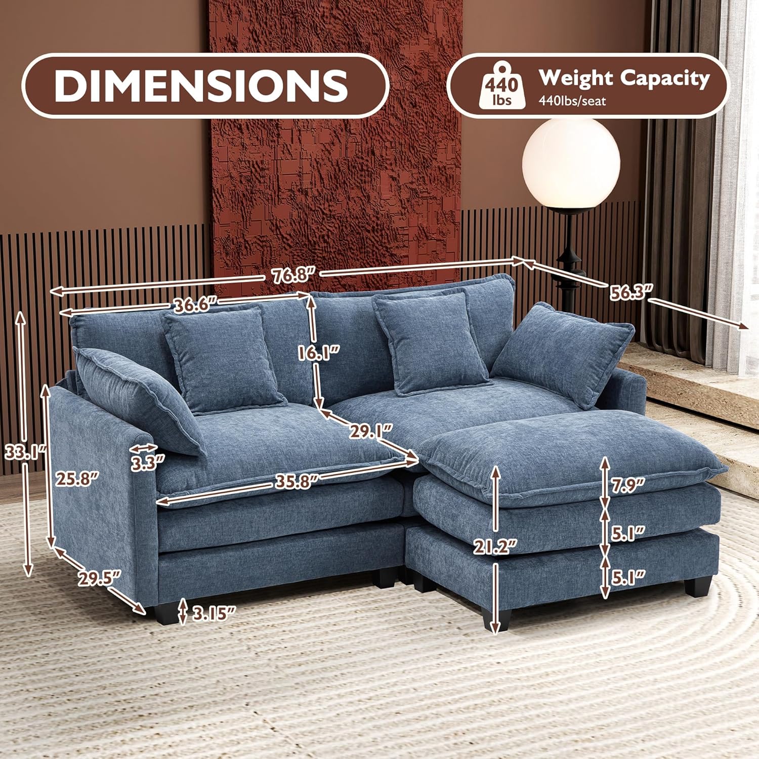 Ihanherry 146" U-Shaped Modern Sofa Modular Sectional Cloud Couch with 2 Ottoman, 6-Seat Chenille Deep Seat Sofa with 6 Pillows for Living Room, Bedroom and Apartment, Grey