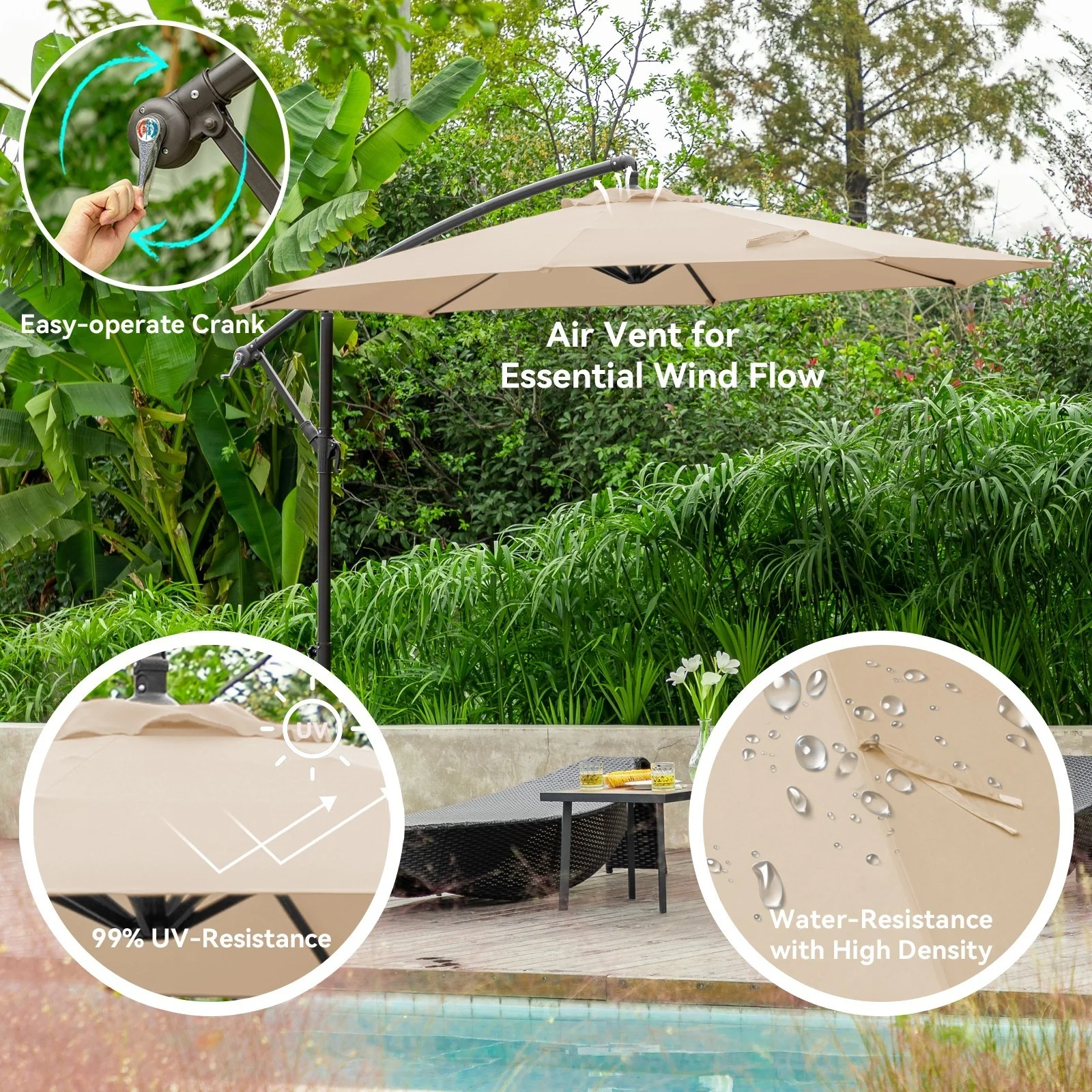 JUSTLET 10ft Heavy Duty Patio Hanging Offset Cantilever Patio Umbrella W/ 4-Piece Base Included Included, Beige