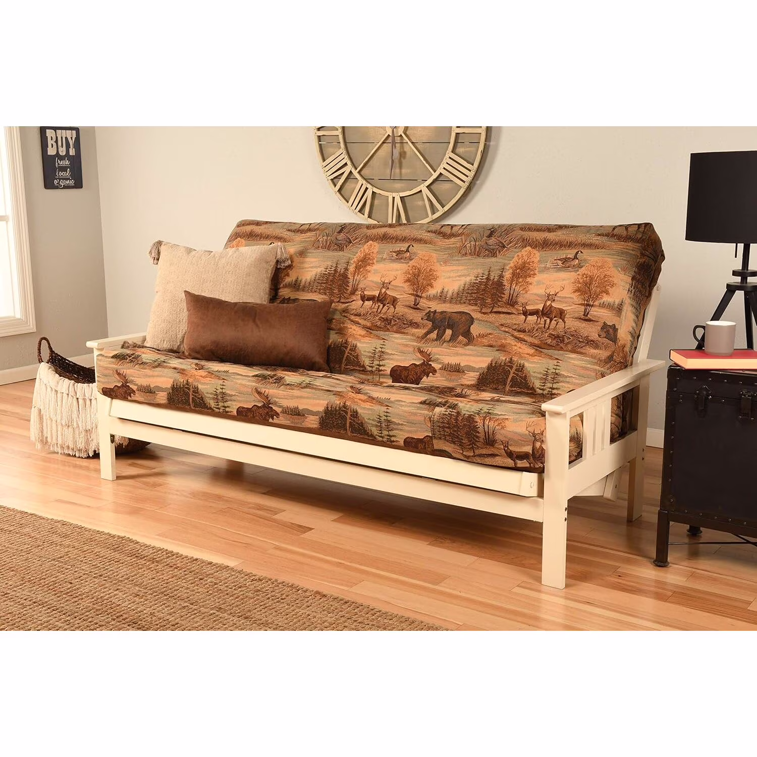 Homestock African Artifacts Full Size Futon Frame Set with Mattress, Easily Converts to Bed, Versatile Design Futon Frame for All Spaces, 33"H x 79"L x 37"D-Color:Linen Charcoal,Size:Barbados
