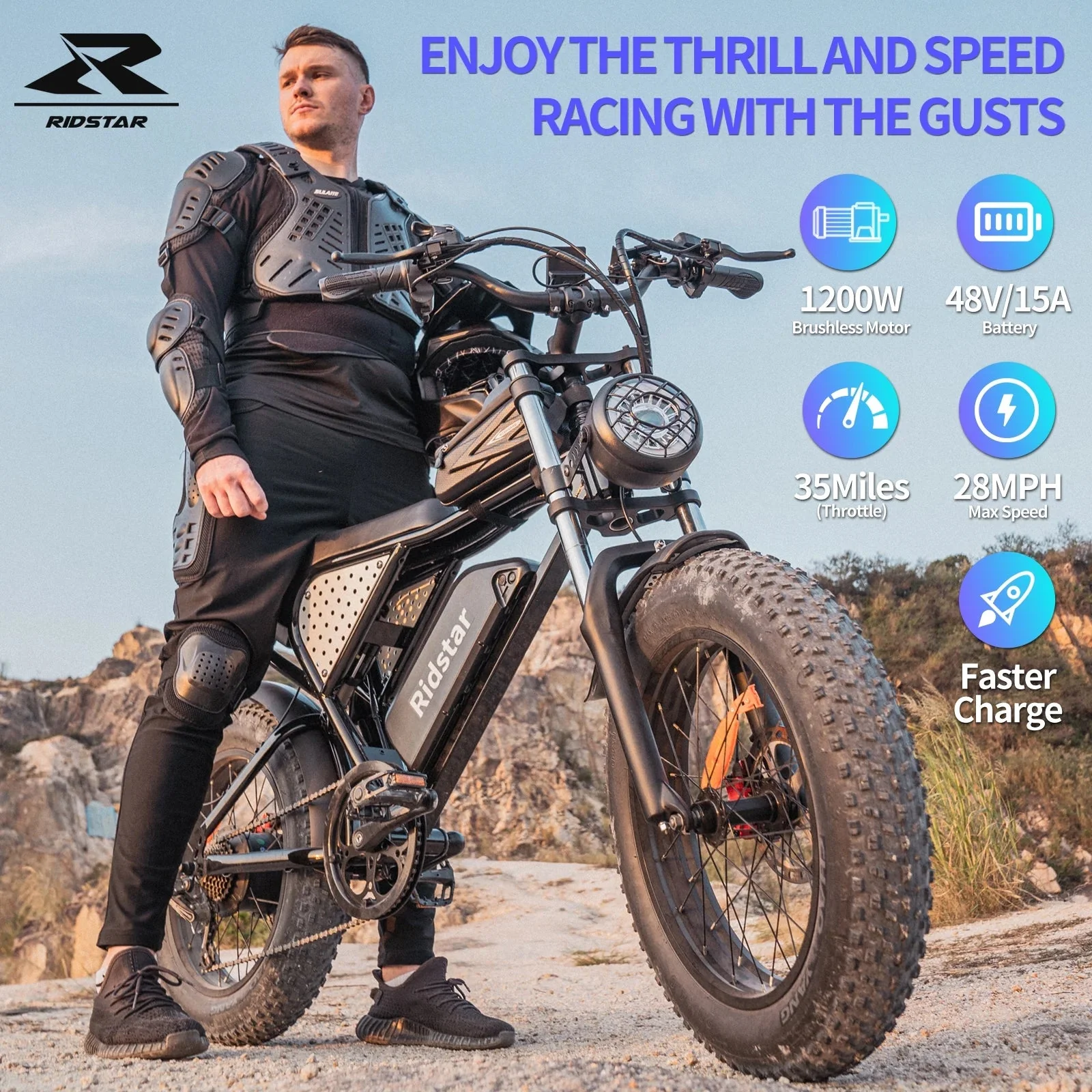 1500W Electric Mountain Bike 48V 20Ah, 20 inch Fat Tires, Shimano 7-Speed, Full Suspension - q20-1500w