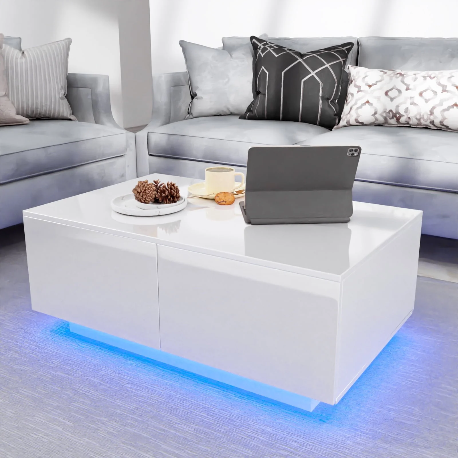 Hommpa Rectangular Coffee Table with LED Lights Tea Tables with 4 Drawers High Gloss Modern Living Room Furniture White Finish Sofa Side Table 37.4 x 23.6 x 15.4 Inches